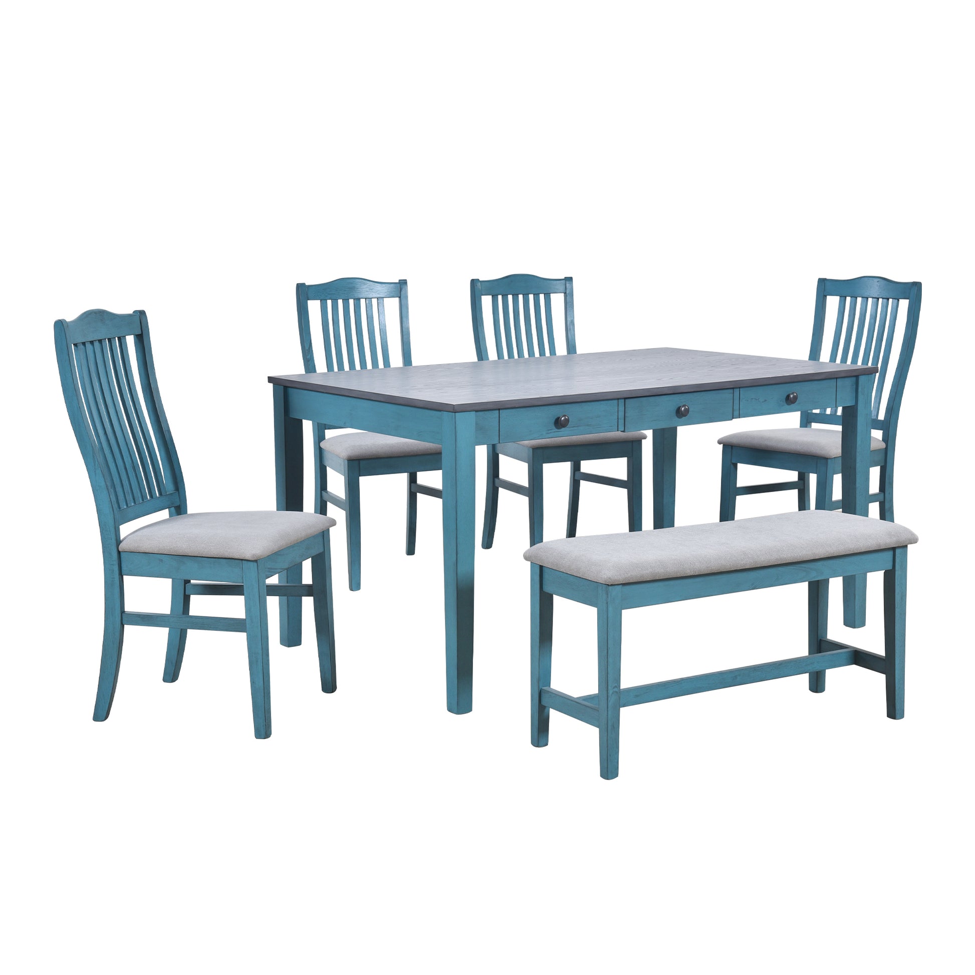 Mid Century 6 Piece Wood Dining Table Set, Kitchen Table Set With Drawer, Upholstered Chairs And Bench, Antique Blue Wood Dining Room Solid Wood Rubberwood Rectangular Dining Table With Chair And Bench Wood Wood Antique Blue Solid Back Seats 6 Mid