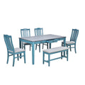 Mid Century 6 Piece Wood Dining Table Set, Kitchen Table Set With Drawer, Upholstered Chairs And Bench, Antique Blue Wood Dining Room Solid Wood Rubberwood Rectangular Dining Table With Chair And Bench Wood Wood Antique Blue Solid Back Seats 6 Mid