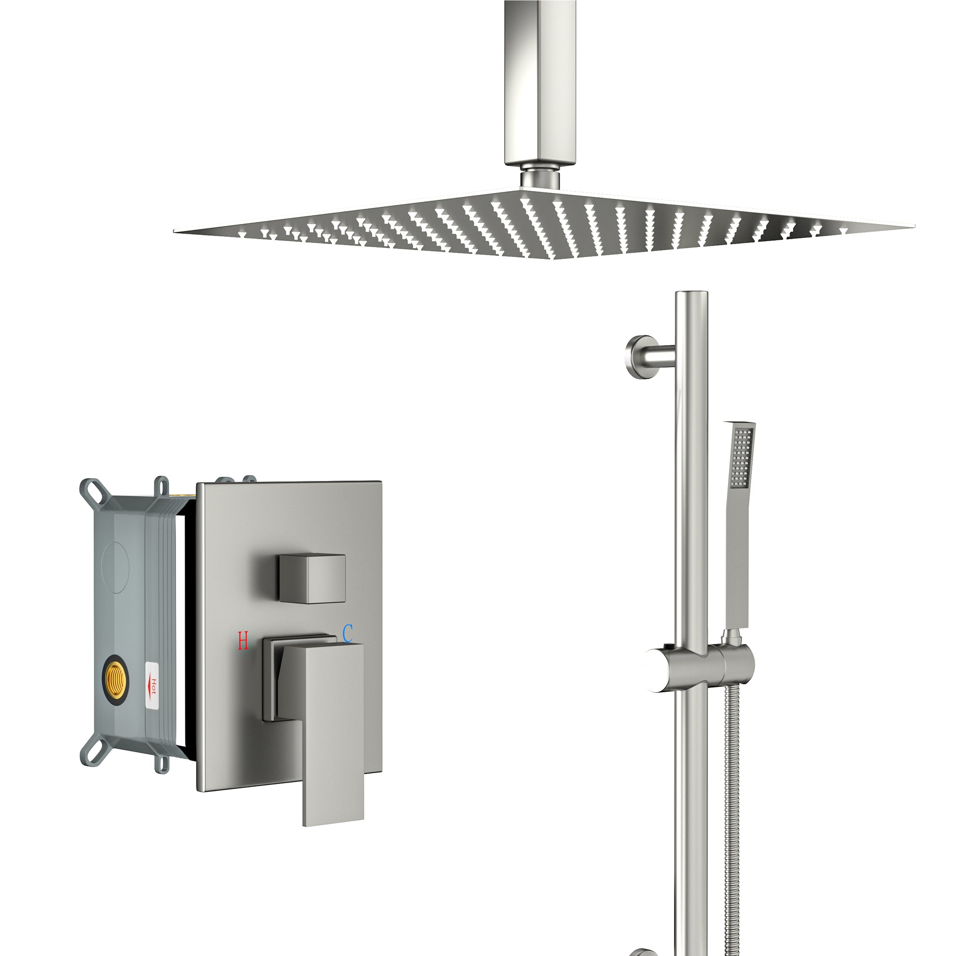 Shower System With Adjustable Slide Bar,16 Inch Ceiling Mounted Square Shower System With Rough In Valve, Brushed Nickel Brushed Nickel Stainless Steel