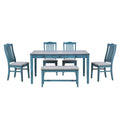 Mid Century 6 Piece Wood Dining Table Set, Kitchen Table Set With Drawer, Upholstered Chairs And Bench, Antique Blue Wood Dining Room Solid Wood Rubberwood Rectangular Dining Table With Chair And Bench Wood Wood Antique Blue Solid Back Seats 6 Mid