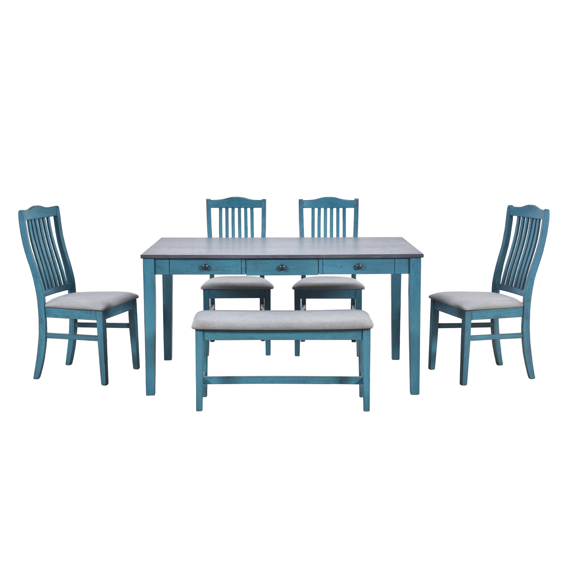 Mid Century 6 Piece Wood Dining Table Set, Kitchen Table Set With Drawer, Upholstered Chairs And Bench, Antique Blue Wood Dining Room Solid Wood Rubberwood Rectangular Dining Table With Chair And Bench Wood Wood Antique Blue Solid Back Seats 6 Mid