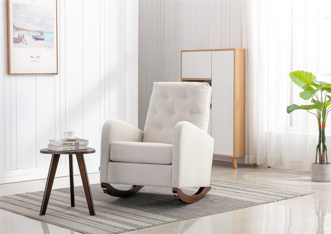 High Back Rocking Chair Nursery Chair .Comfortable Rocker Fabric Padded Seat .Modern High Back Armchair Beige Polyester