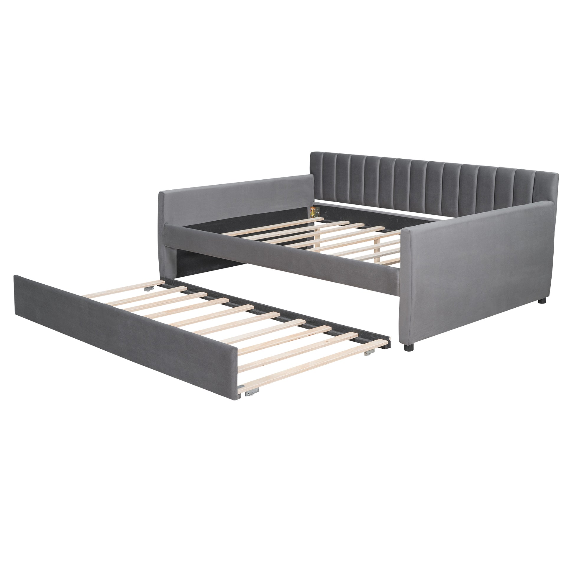 Full Size Upholstered Daybed With Trundle And Wood Slat Support, Gray Gray Velvet