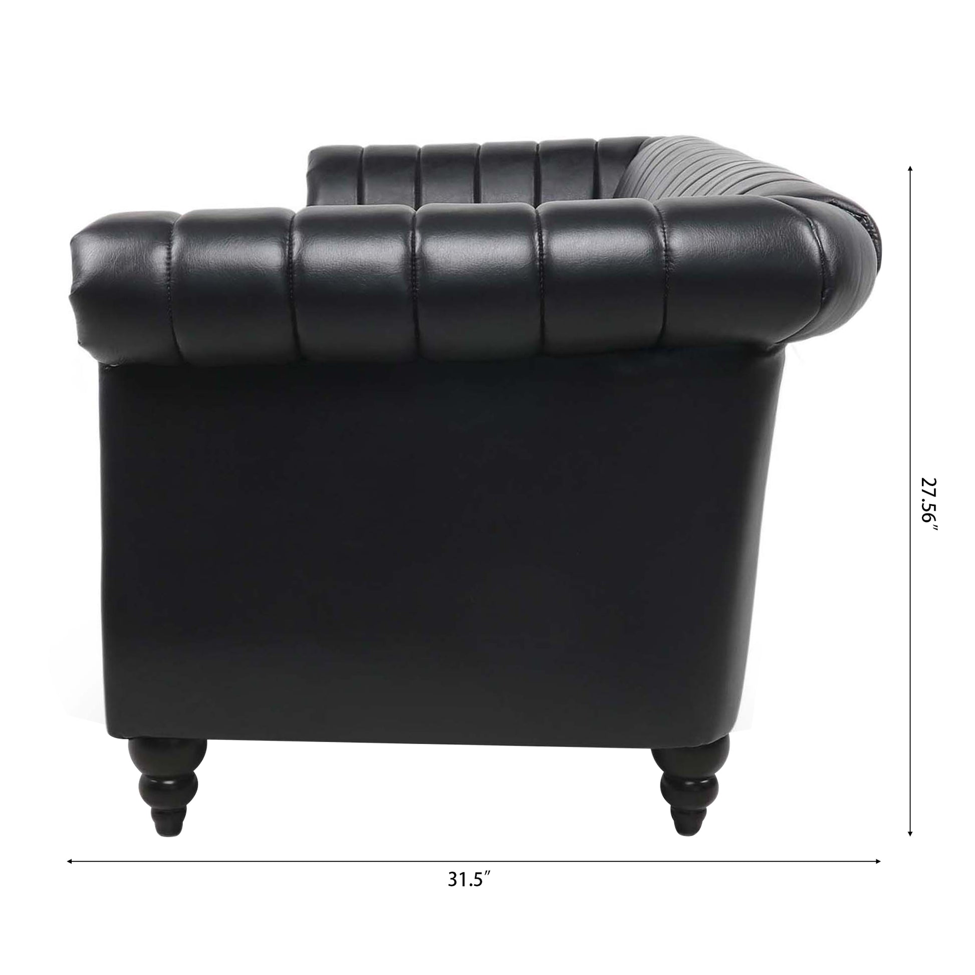 83.46'' Black Pu Rolled Arm Chesterfield Three Seater Sofa. Black Pu
