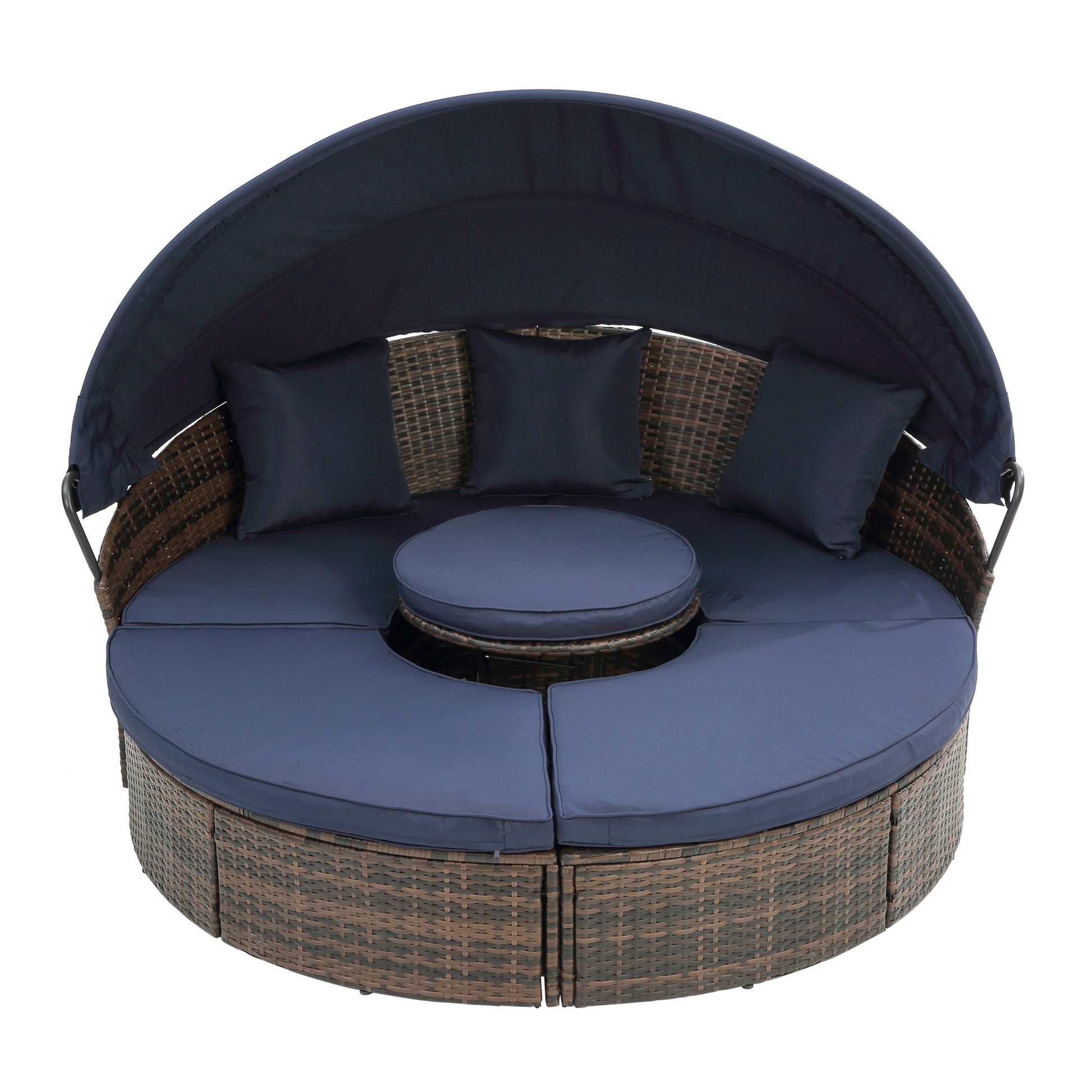 Kd Rattan Round Lounge With Canopy Bali Canopy Bed Outdoor, Wicker Outdoor Sofa Bed With Lift Coffee Table Navy Blue Cotton Steel