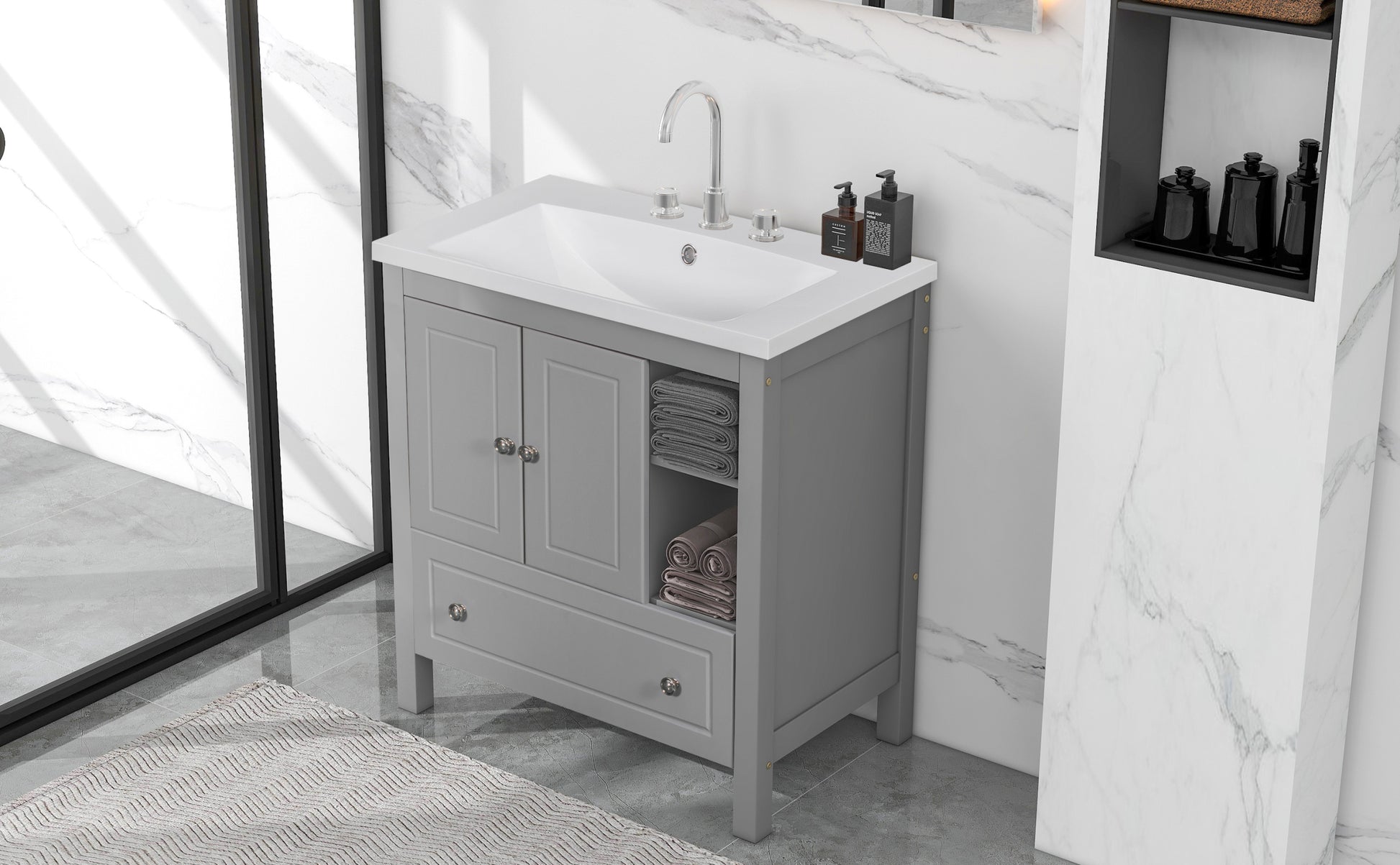 Video 30" Bathroom Vanity With Sink, Bathroom Storage Cabinet With Doors And Drawers, Solid Wood Frame, Ceramic Sink, Grey Old Sku: Jl000002Aag Grey Solid Wood Mdf