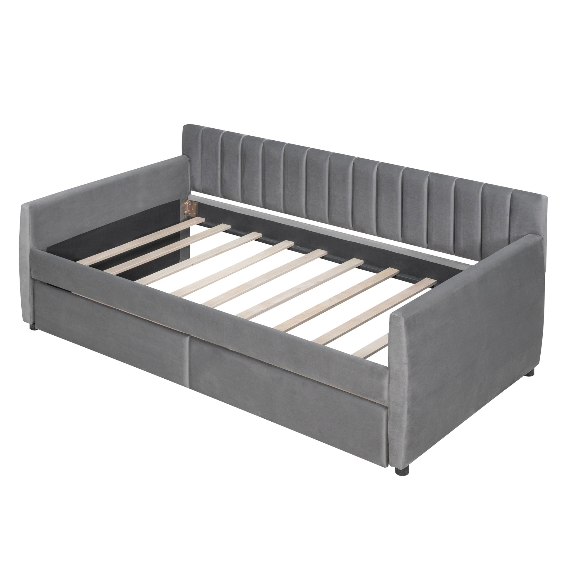 Twin Size Upholstered Daybed With Drawers, Wood Slat Support, Gray Gray Velvet