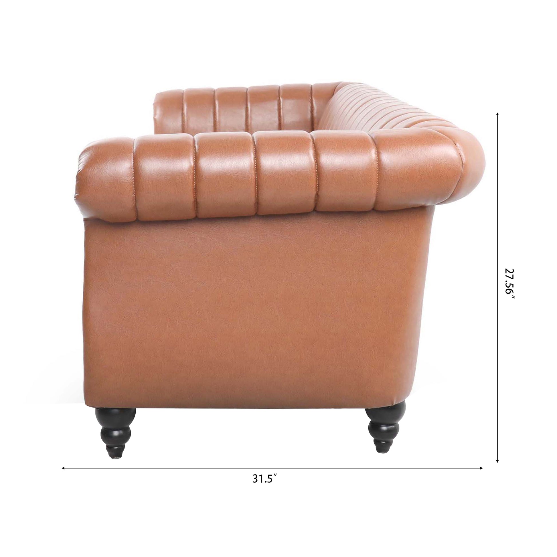 83.46" Brown Pu Rolled Arm Chesterfield Three Seater Sofa. Brown Pu