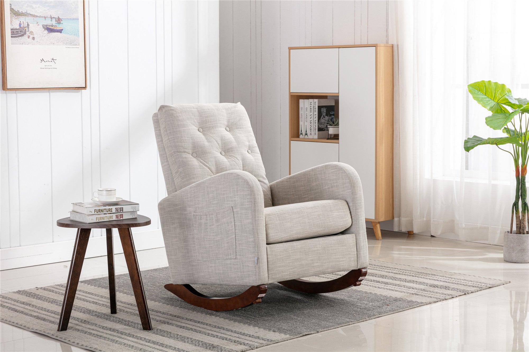 High Back Rocking Chair Nursery Chair .Comfortable Rocker Fabric Padde