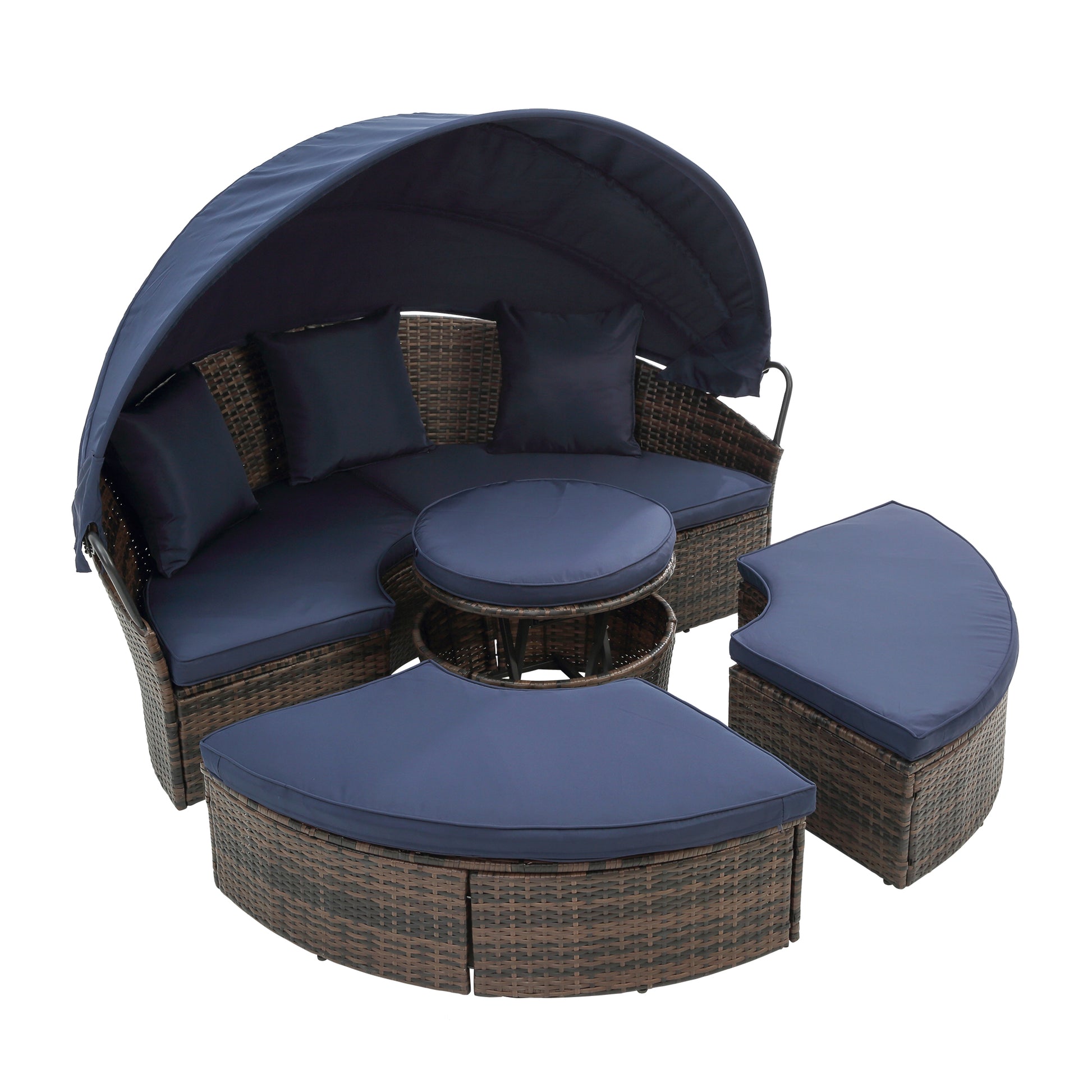 Kd Rattan Round Lounge With Canopy Bali Canopy Bed Outdoor, Wicker Outdoor Sofa Bed With Lift Coffee Table Navy Blue Cotton Steel