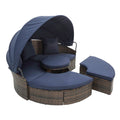 Kd Rattan Round Lounge With Canopy Bali Canopy Bed Outdoor, Wicker Outdoor Sofa Bed With Lift Coffee Table Navy Blue Cotton Steel