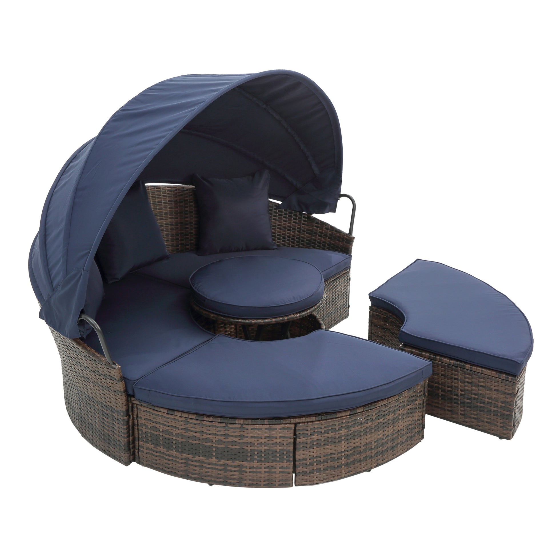 Kd Rattan Round Lounge With Canopy Bali Canopy Bed Outdoor, Wicker Outdoor Sofa Bed With Lift Coffee Table Navy Blue Cotton Steel