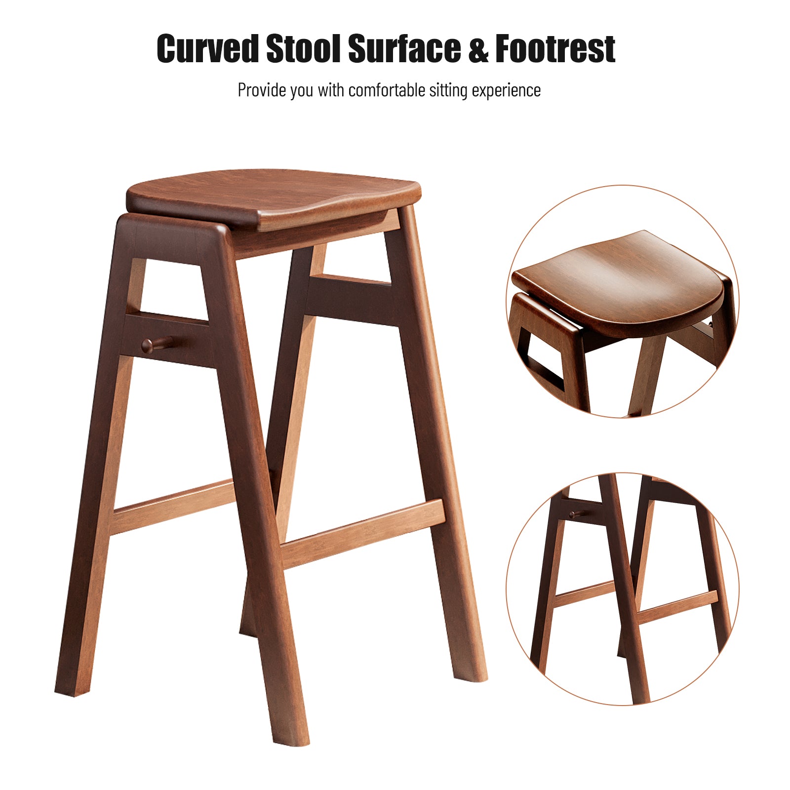 3 Pcs Pub Dining Set Retro Bar Table Rubber Wood Stackable Backless High Stool For 2 With Shelf And Hooks For Home Bar Small Space Antique Brown Rubber Wood