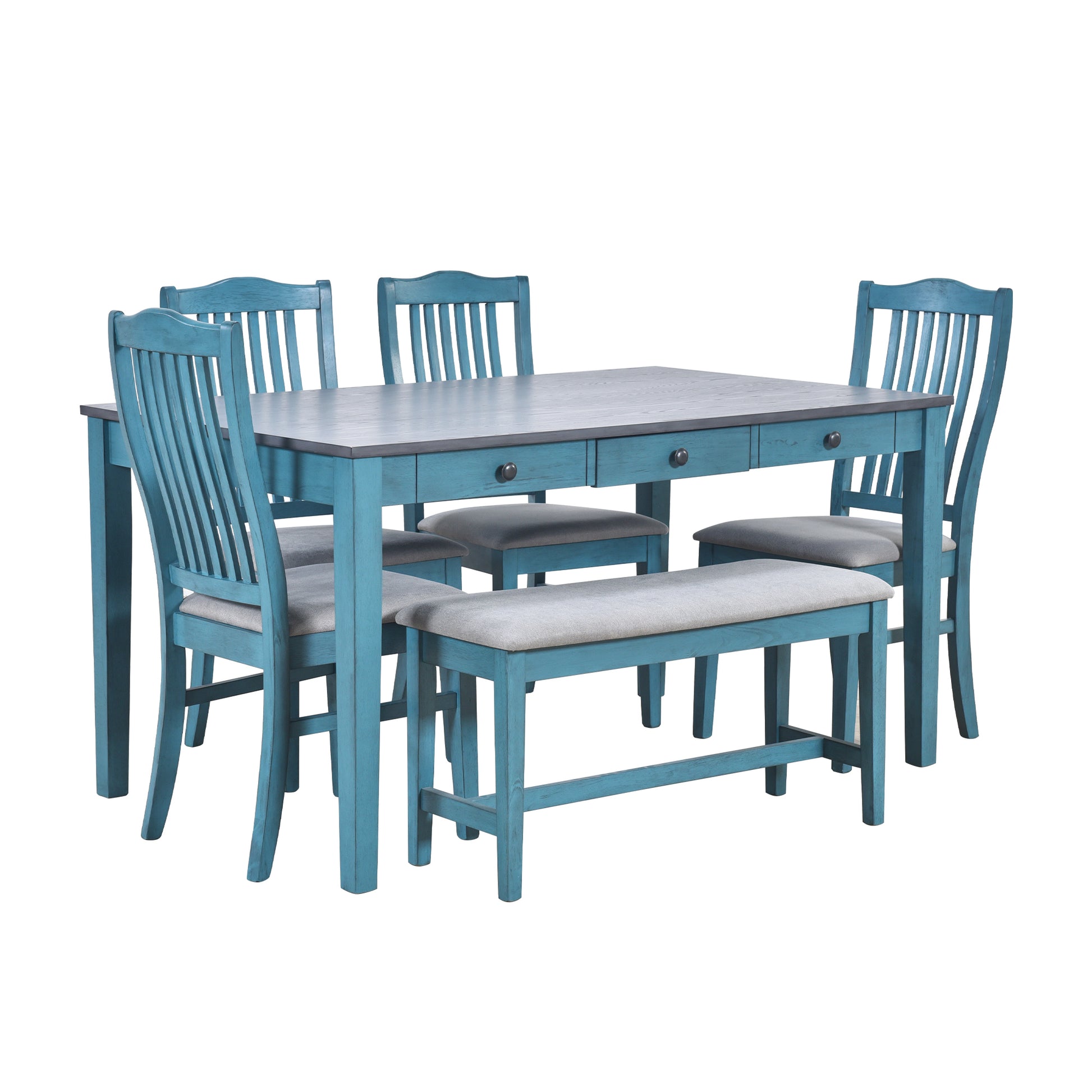 Mid Century 6 Piece Wood Dining Table Set, Kitchen Table Set With Drawer, Upholstered Chairs And Bench, Antique Blue Wood Dining Room Solid Wood Rubberwood Rectangular Dining Table With Chair And Bench Wood Wood Antique Blue Solid Back Seats 6 Mid