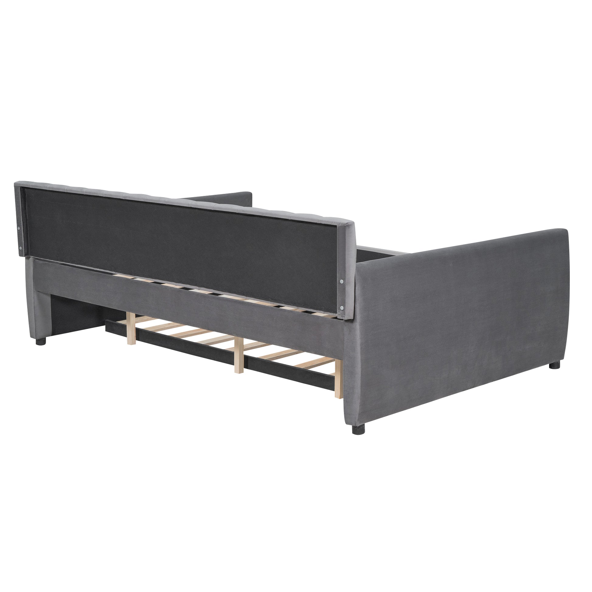 Full Size Upholstered Daybed With Trundle And Wood Slat Support, Gray Gray Velvet