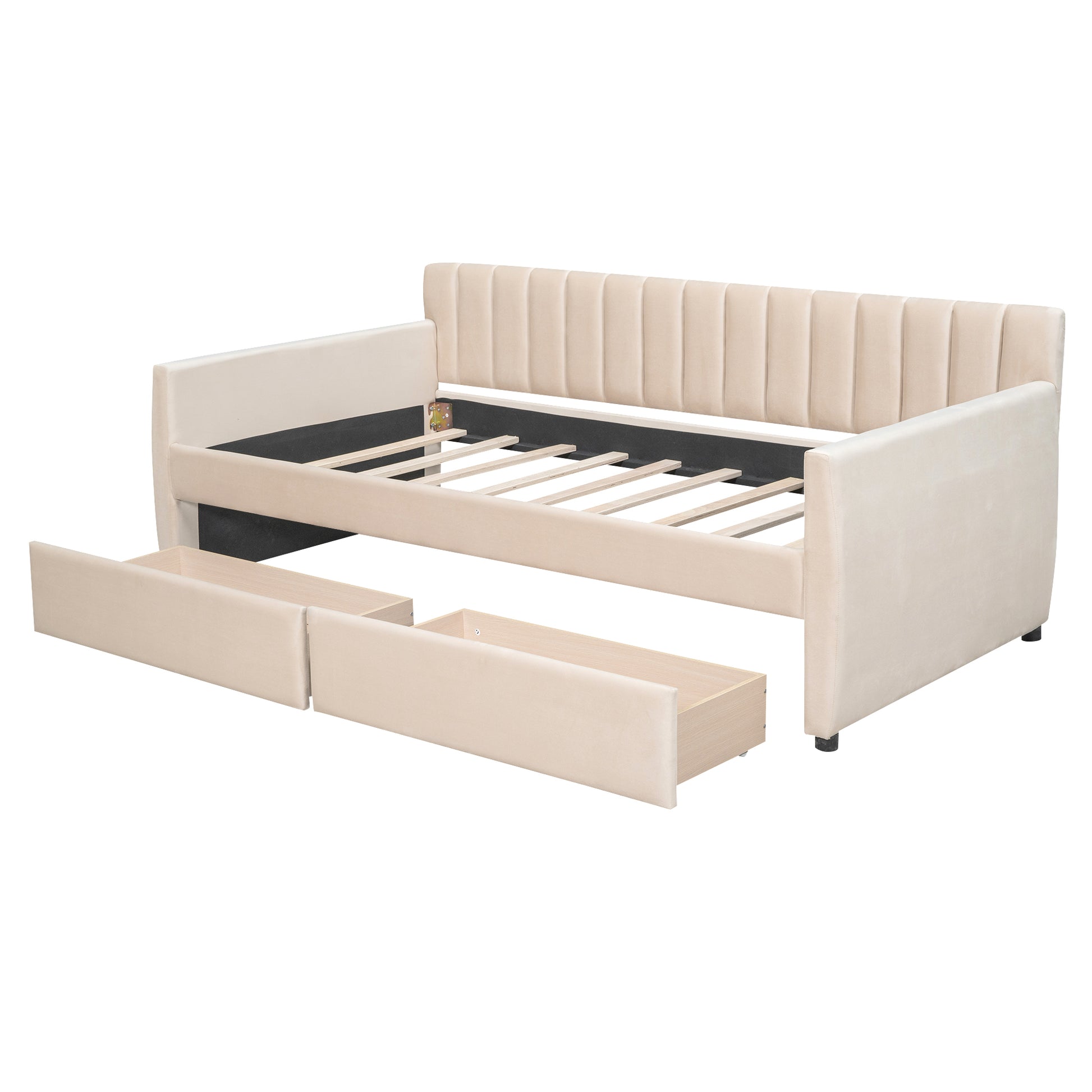 Twin Size Upholstered Daybed With Drawers, Wood Slat Support, Beige Beige Velvet