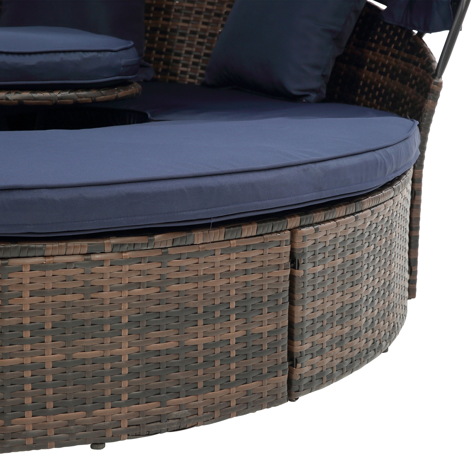Kd Rattan Round Lounge With Canopy Bali Canopy Bed Outdoor, Wicker Outdoor Sofa Bed With Lift Coffee Table Navy Blue Cotton Steel