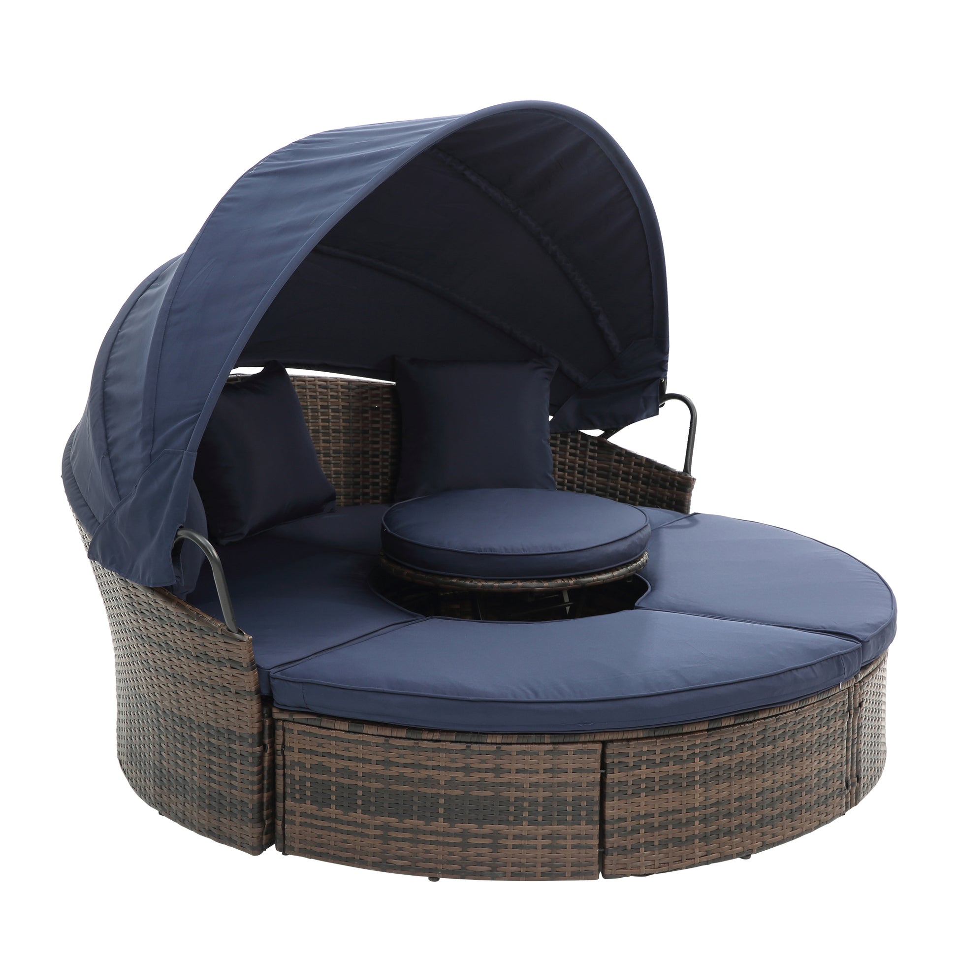 Kd Rattan Round Lounge With Canopy Bali Canopy Bed Outdoor, Wicker Outdoor Sofa Bed With Lift Coffee Table Navy Blue Cotton Steel