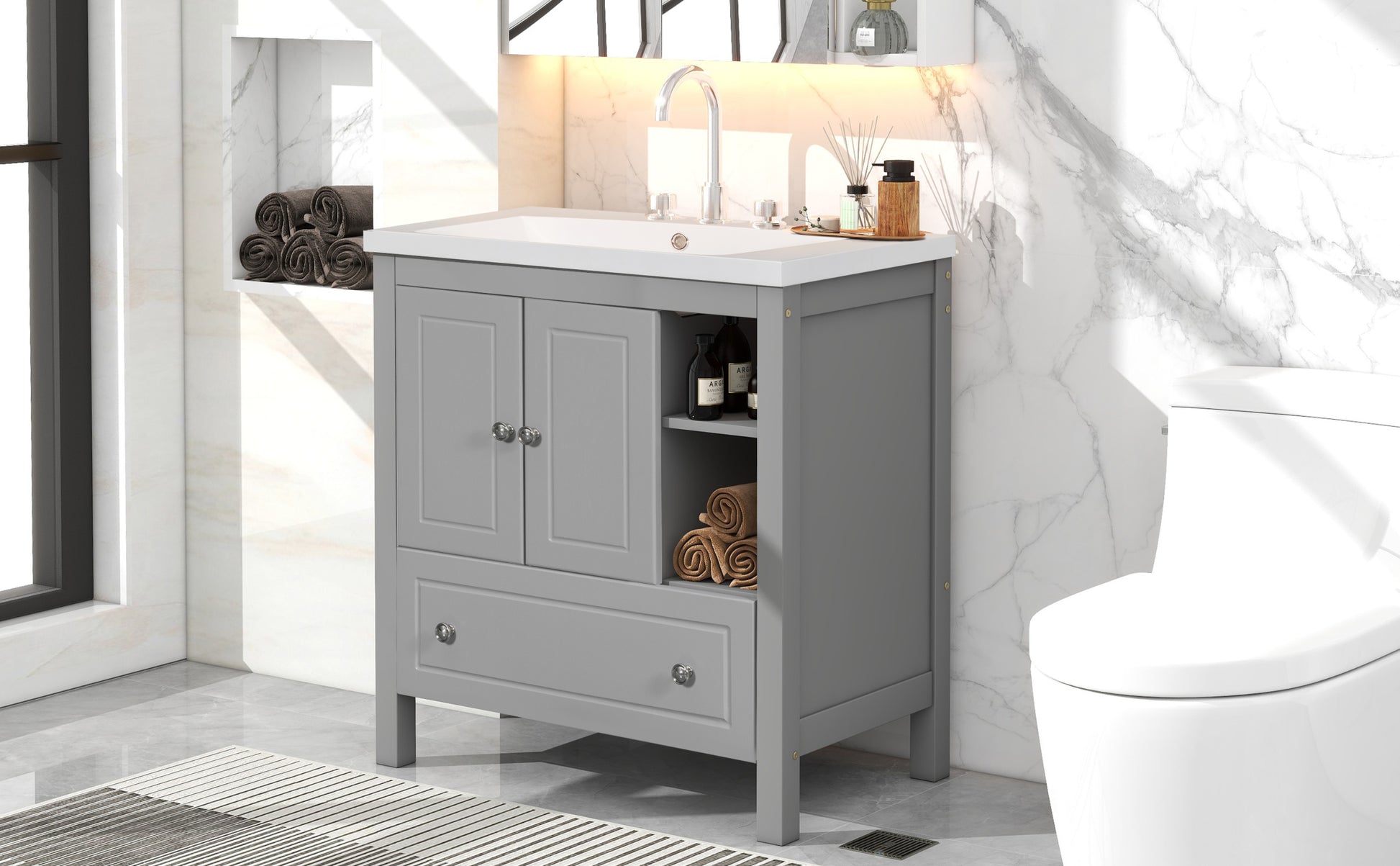 Video 30" Bathroom Vanity With Sink, Bathroom Storage Cabinet With Doors And Drawers, Solid Wood Frame, Ceramic Sink, Grey Old Sku: Jl000002Aag Grey Solid Wood Mdf