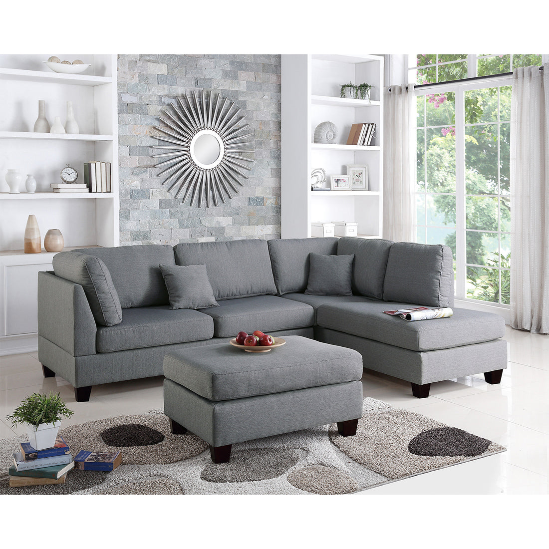 Polyfiber Reversible Sectional Sofa With Ottoman In Grey Gray Polyester L Shaped Polyester