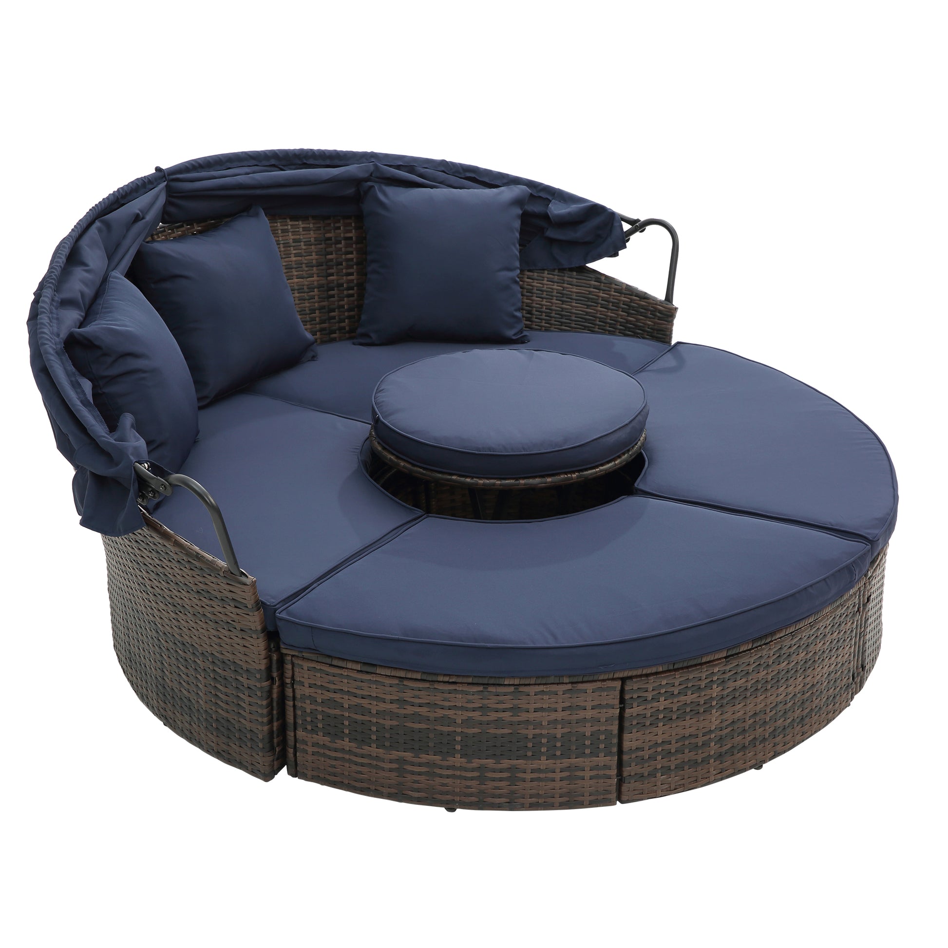 Kd Rattan Round Lounge With Canopy Bali Canopy Bed Outdoor, Wicker Outdoor Sofa Bed With Lift Coffee Table Navy Blue Cotton Steel