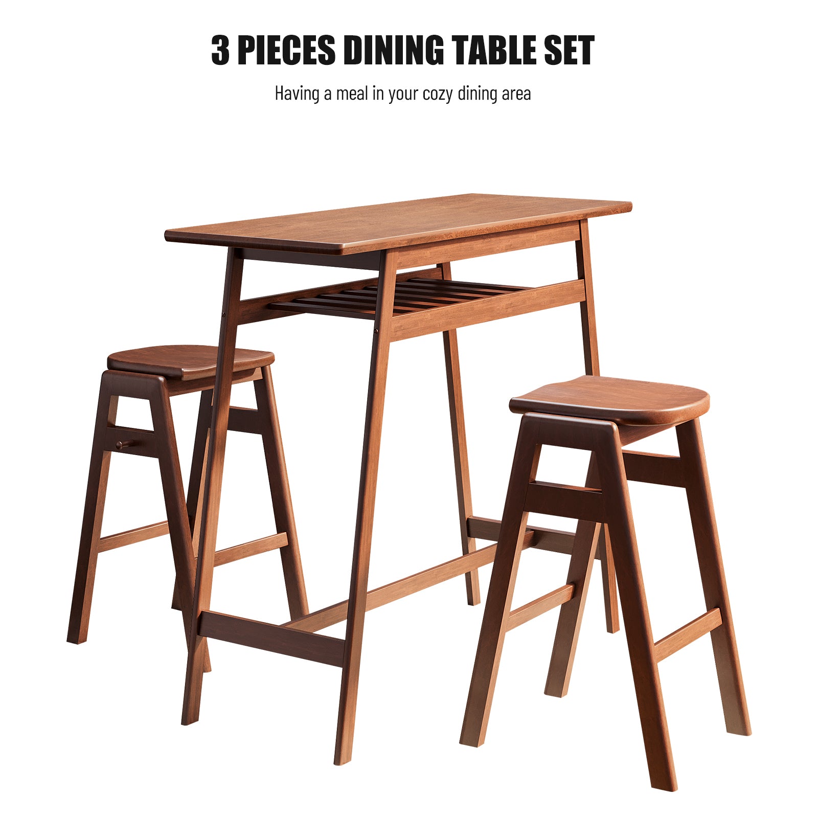 3 Pcs Pub Dining Set Retro Bar Table Rubber Wood