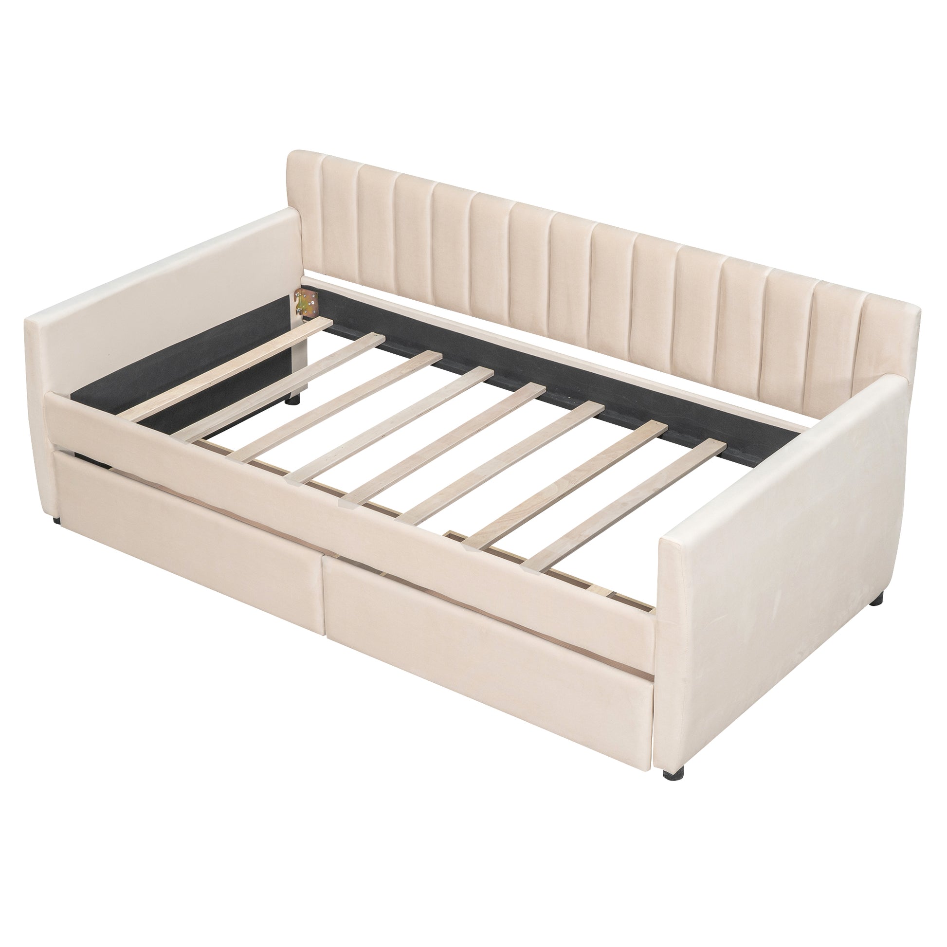 Twin Size Upholstered Daybed With Drawers, Wood Slat Support, Beige Beige Velvet
