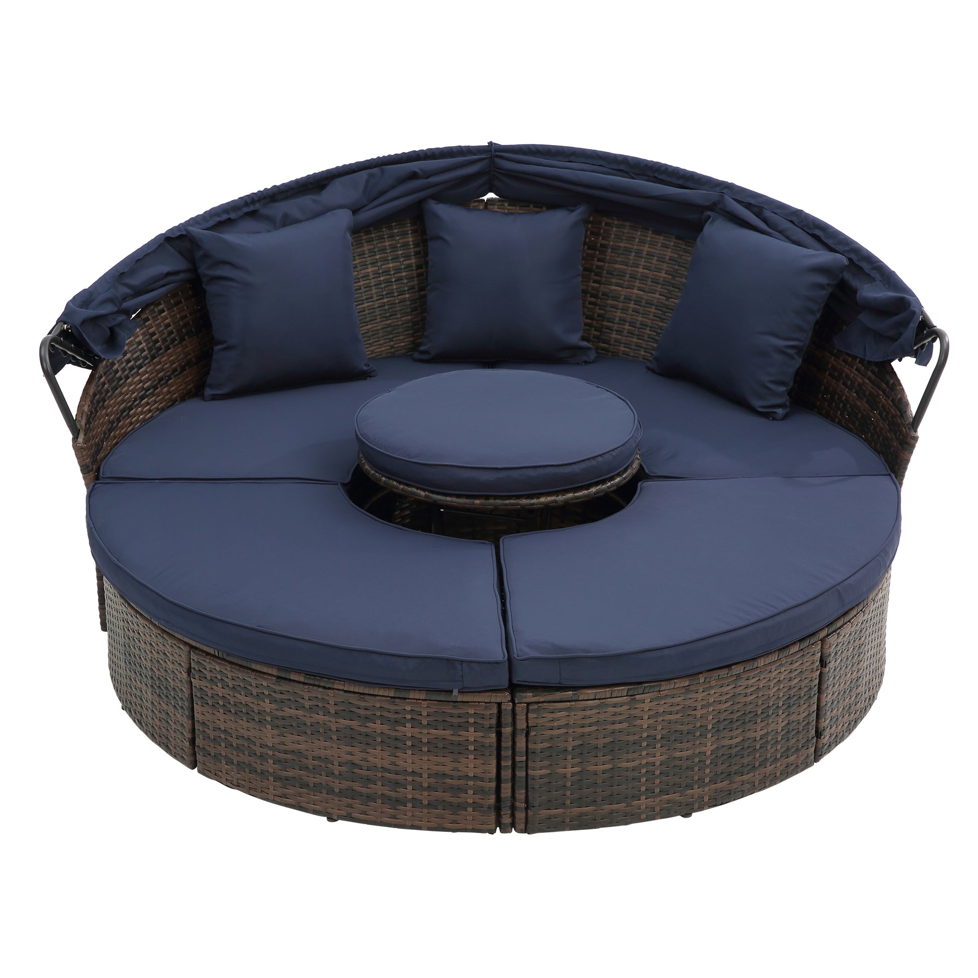 Kd Rattan Round Lounge With Canopy Bali Canopy Bed Outdoor, Wicker Outdoor Sofa Bed With Lift Coffee Table Navy Blue Cotton Steel