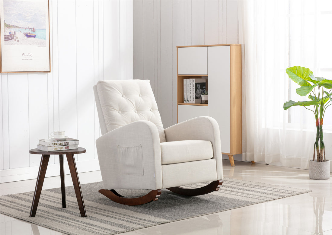 High Back Rocking Chair Nursery Chair .Comfortable Rocker Fabric Padded Seat .Modern High Back Armchair Beige Polyester