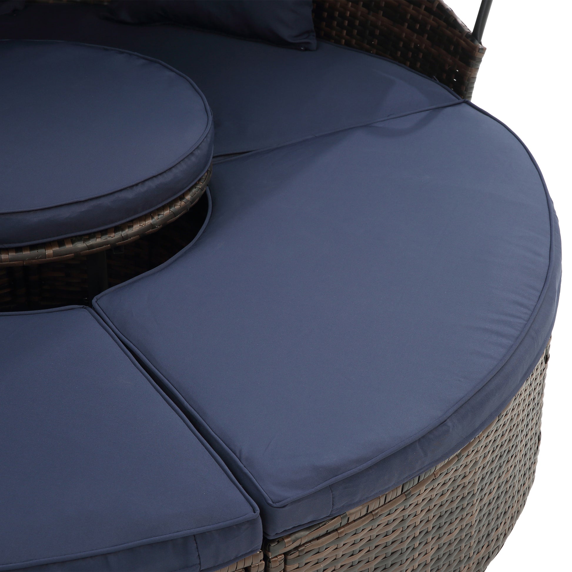 Kd Rattan Round Lounge With Canopy Bali Canopy Bed Outdoor, Wicker Outdoor Sofa Bed With Lift Coffee Table Navy Blue Cotton Steel