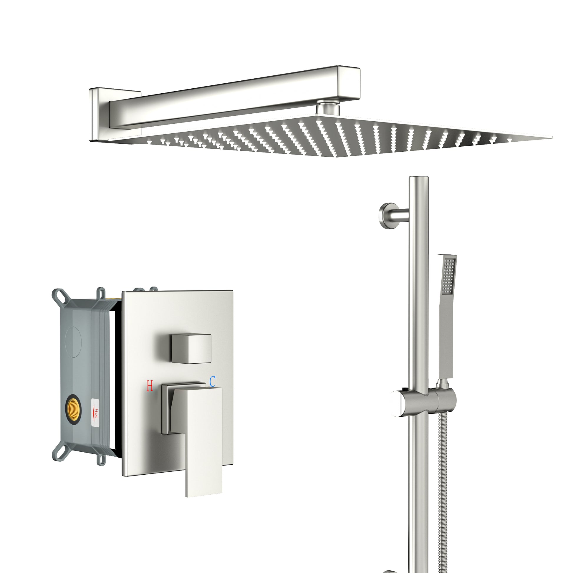 Shower System With Adjustable Slide Bar,10 Inch Wall Mounted Square Shower System With Rough In Valve, Brushed Nickel Brushed Nickel Stainless Steel