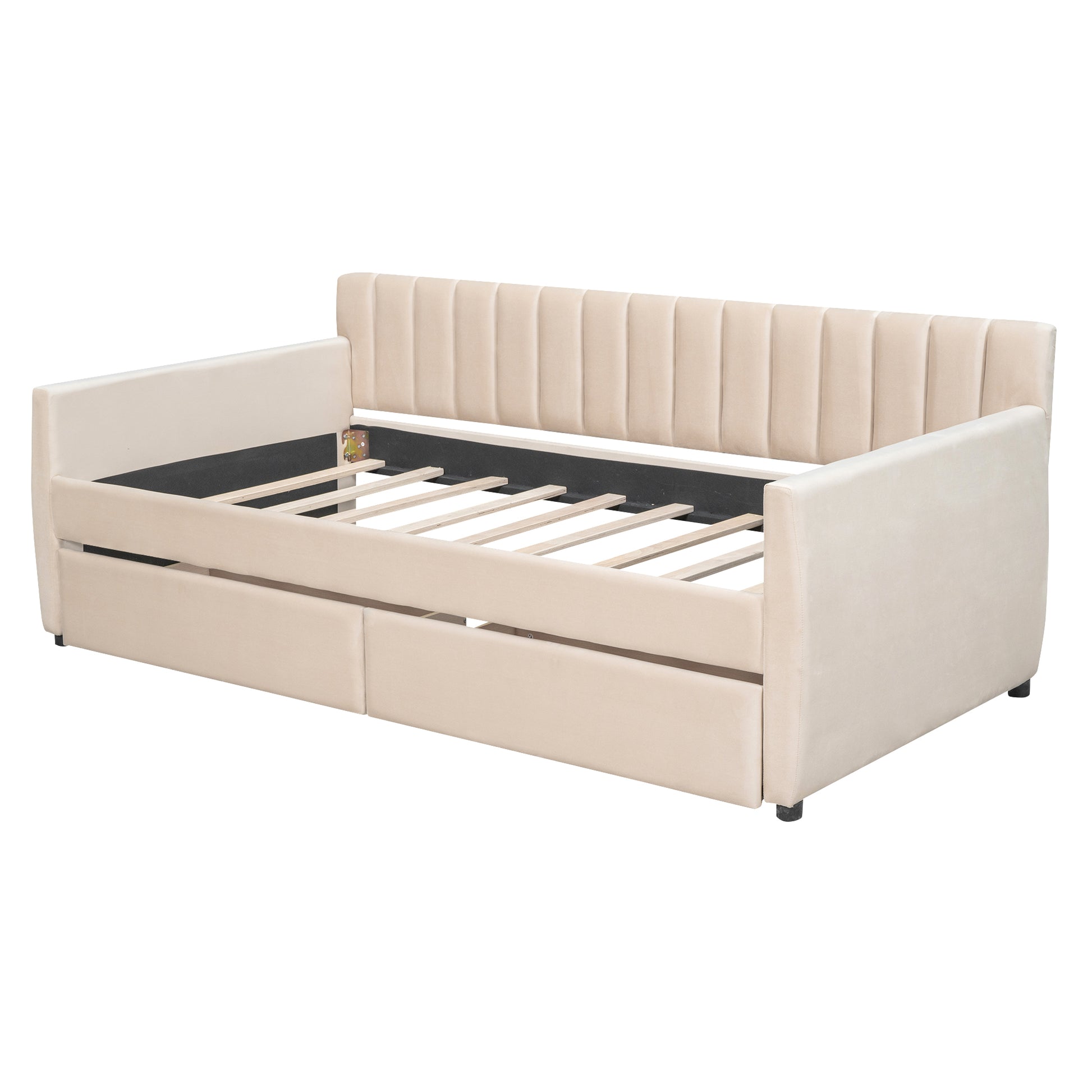 Twin Size Upholstered Daybed With Drawers, Wood Slat Support, Beige Beige Velvet