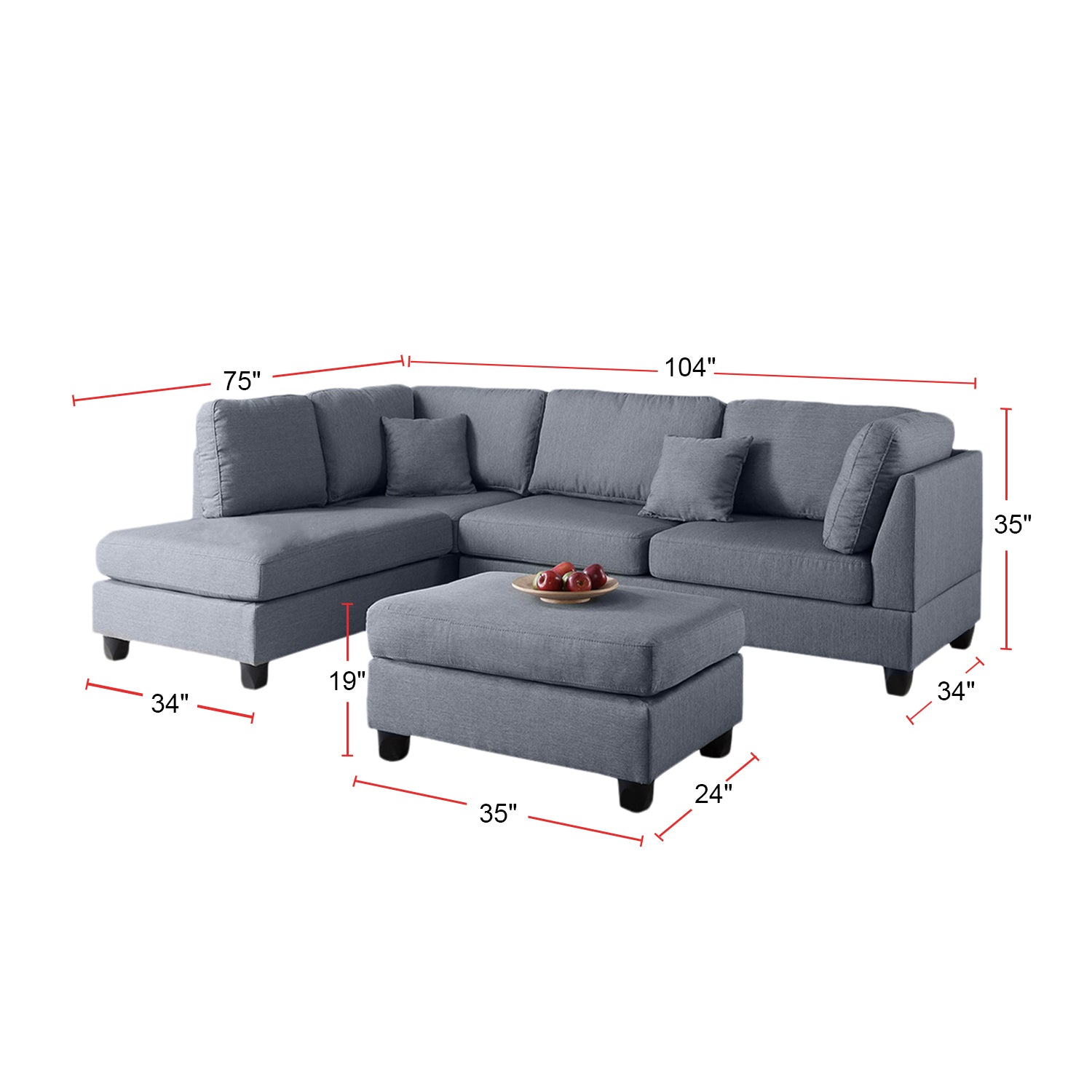 Polyfiber Reversible Sectional Sofa With Ottoman In Grey Gray Polyester L Shaped Polyester