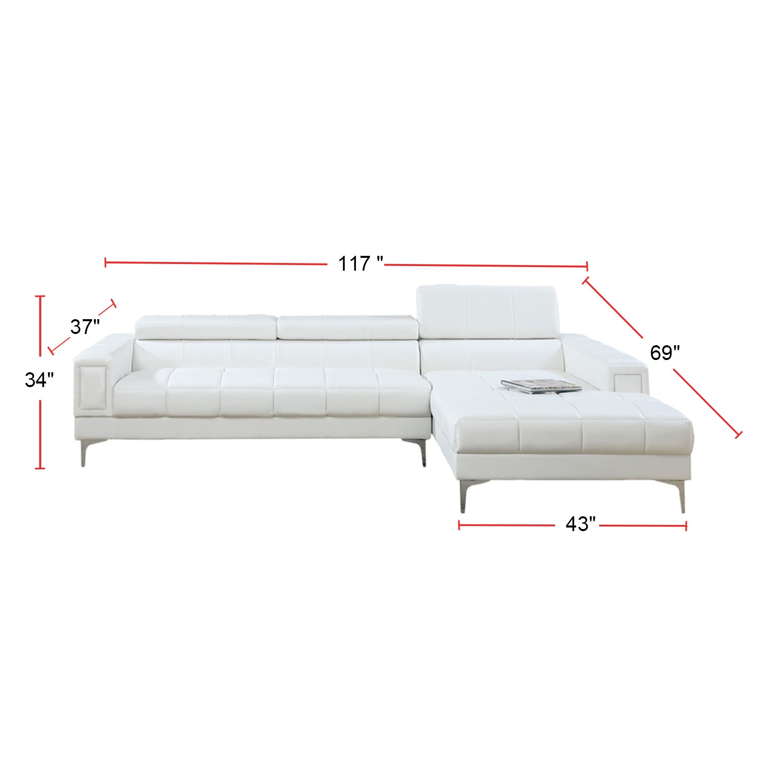 Bonded Leather Sectional Sofa With Adjustable Headrest In White White Contemporary L Shaped Square Arms Pu Leather