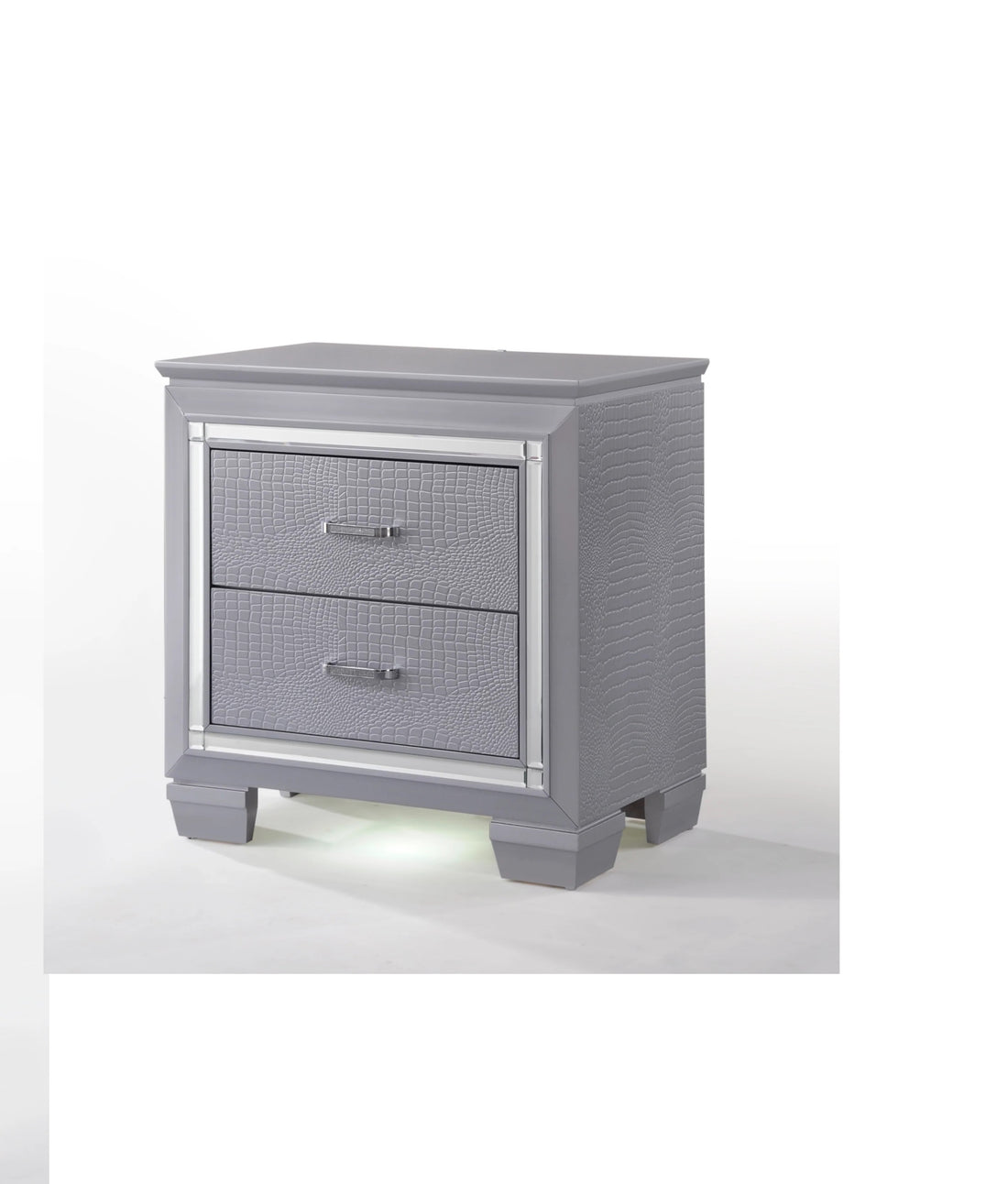 1Pc Modern & Glam Style Two Drawers Nightstand Solid Wood W Built In Night Light Silver Crocodile Finish Bedroom Furniture Silver Solid Wood