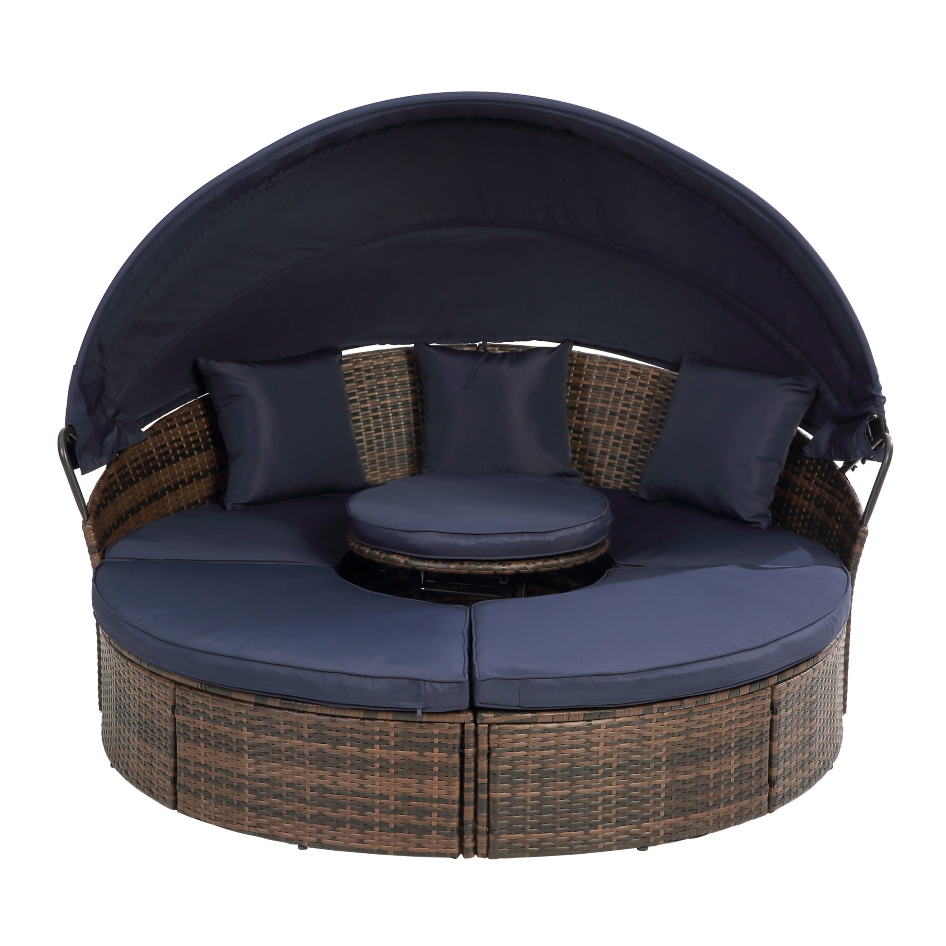 Kd Rattan Round Lounge With Canopy Bali Canopy Bed Outdoor, Wicker Outdoor Sofa Bed With Lift Coffee Table Navy Blue Cotton Steel