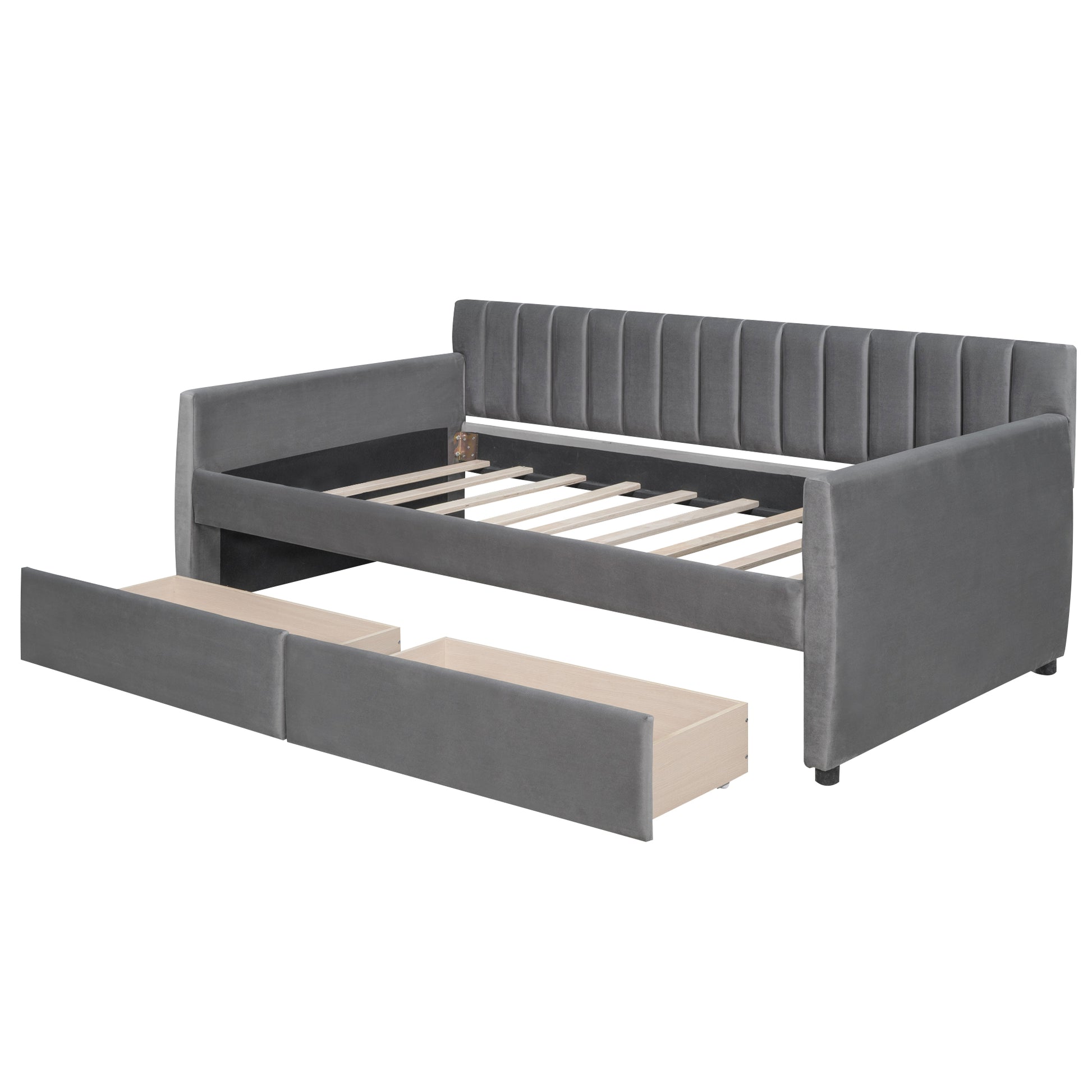 Twin Size Upholstered Daybed With Drawers, Wood Slat Support, Gray Gray Velvet