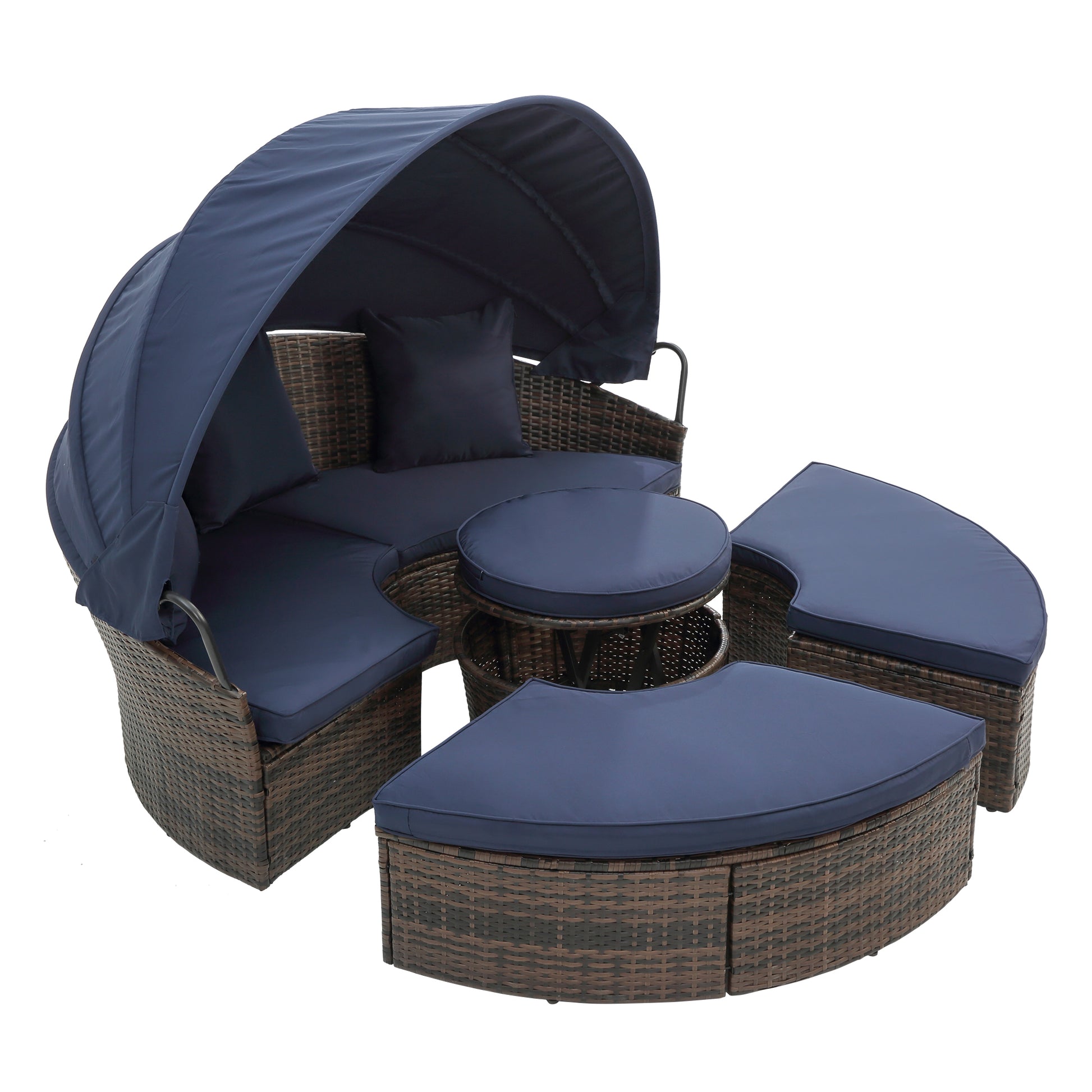 Kd Rattan Round Lounge With Canopy Bali Canopy Bed Outdoor, Wicker Outdoor Sofa Bed With Lift Coffee Table Navy Blue Cotton Steel