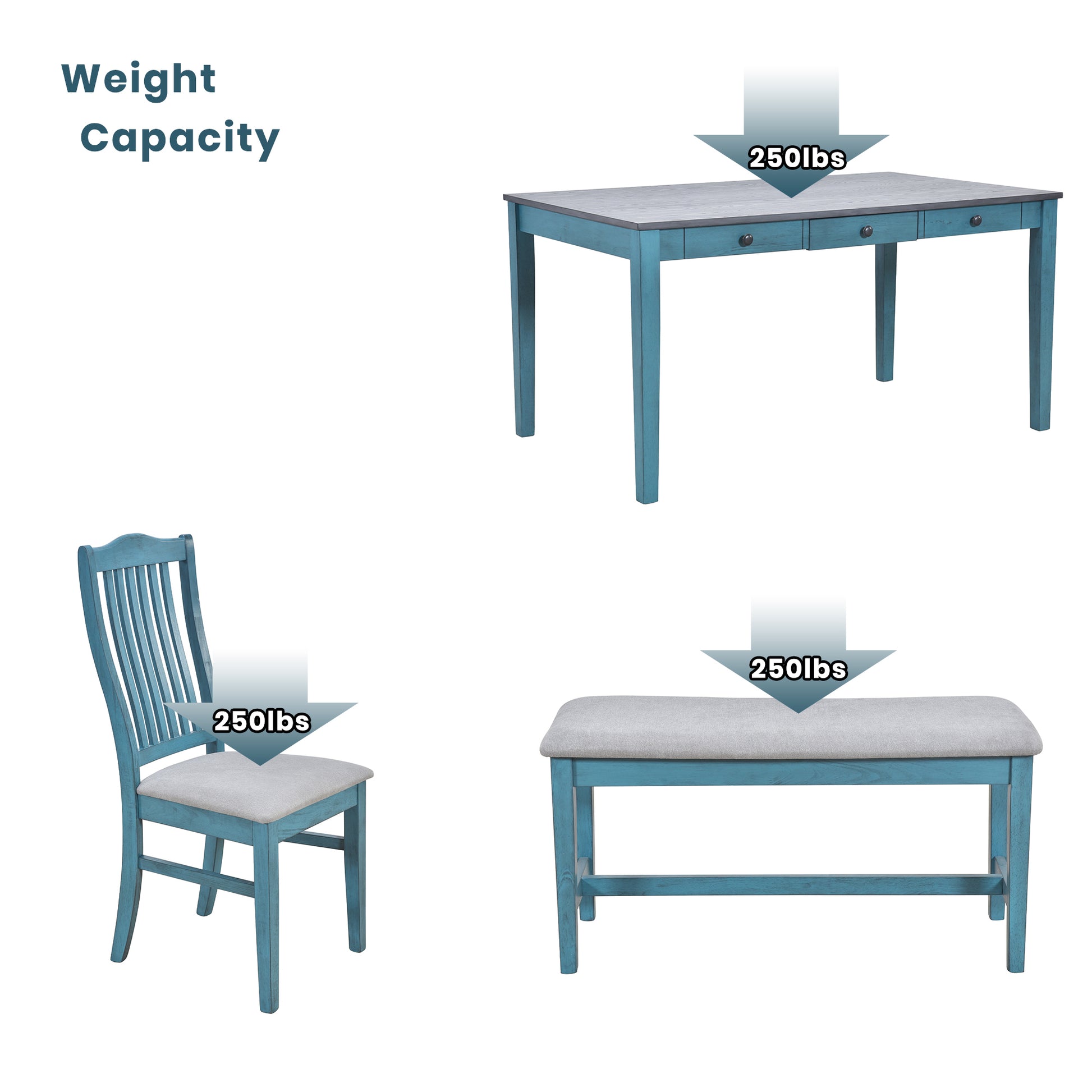 Mid Century 6 Piece Wood Dining Table Set, Kitchen Table Set With Drawer, Upholstered Chairs And Bench, Antique Blue Wood Dining Room Solid Wood Rubberwood Rectangular Dining Table With Chair And Bench Wood Wood Antique Blue Solid Back Seats 6 Mid