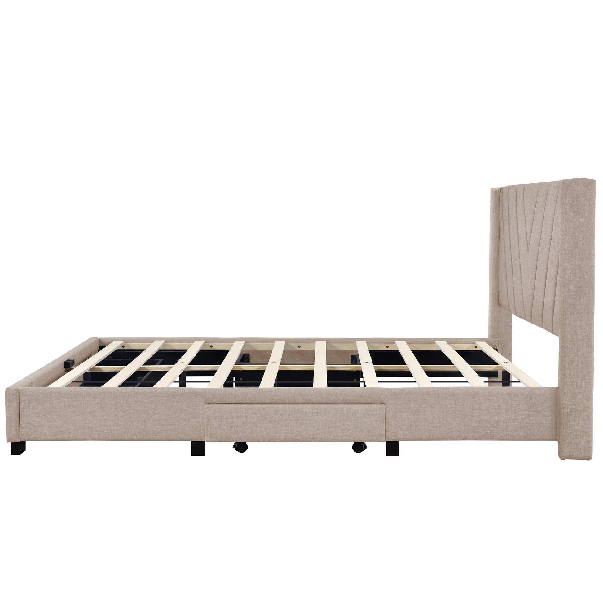 Queen Size Storage Bed Linen Upholstered Platform Bed With 3 Drawers Beige Beige Upholstered