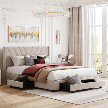 Queen Size Storage Bed Linen Upholstered Platform Bed With 3 Drawers Beige Beige Upholstered