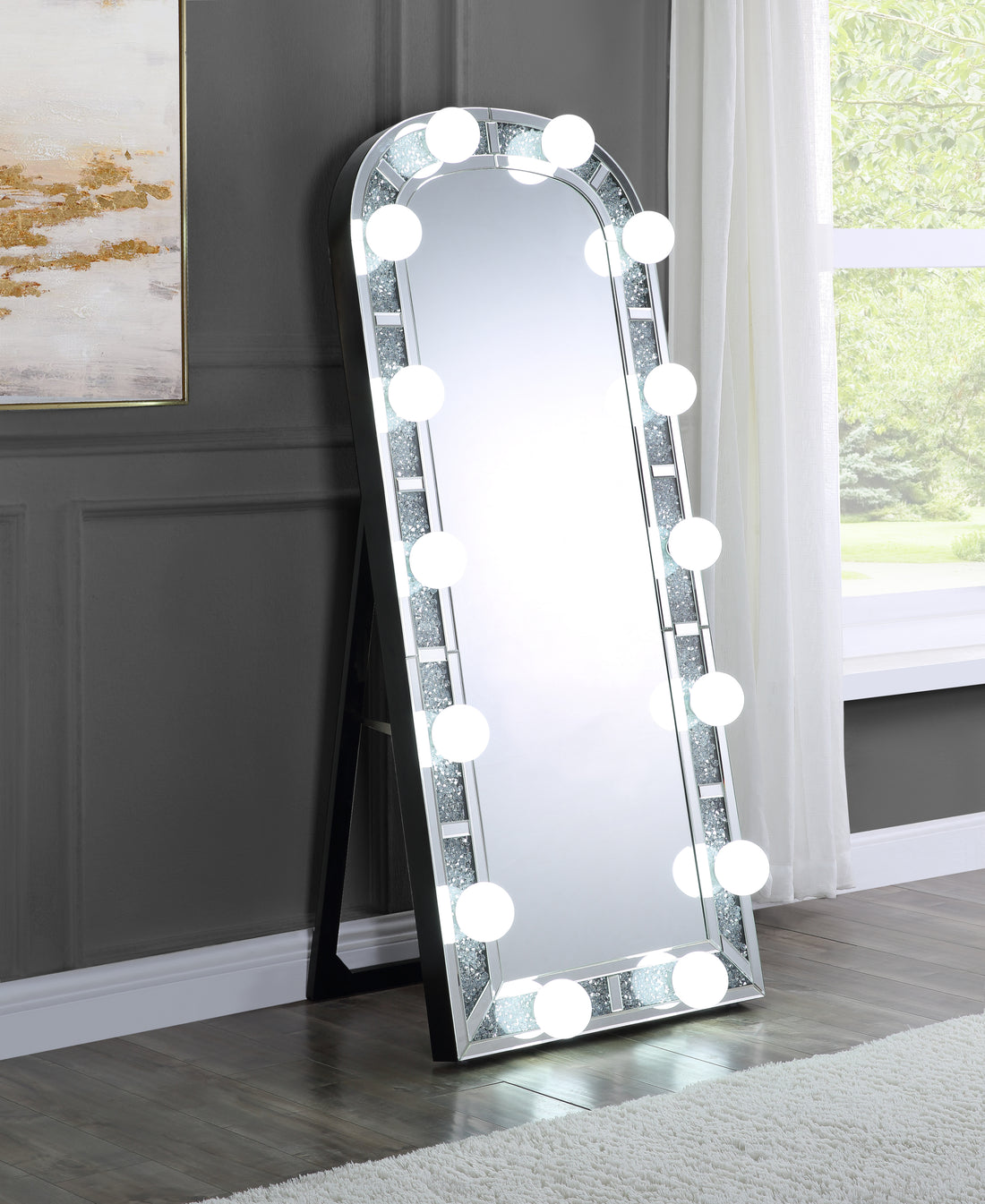 Noralie Accent Floor Mirror In Mirrored & Faux Diamonds 97984 Silver Glass