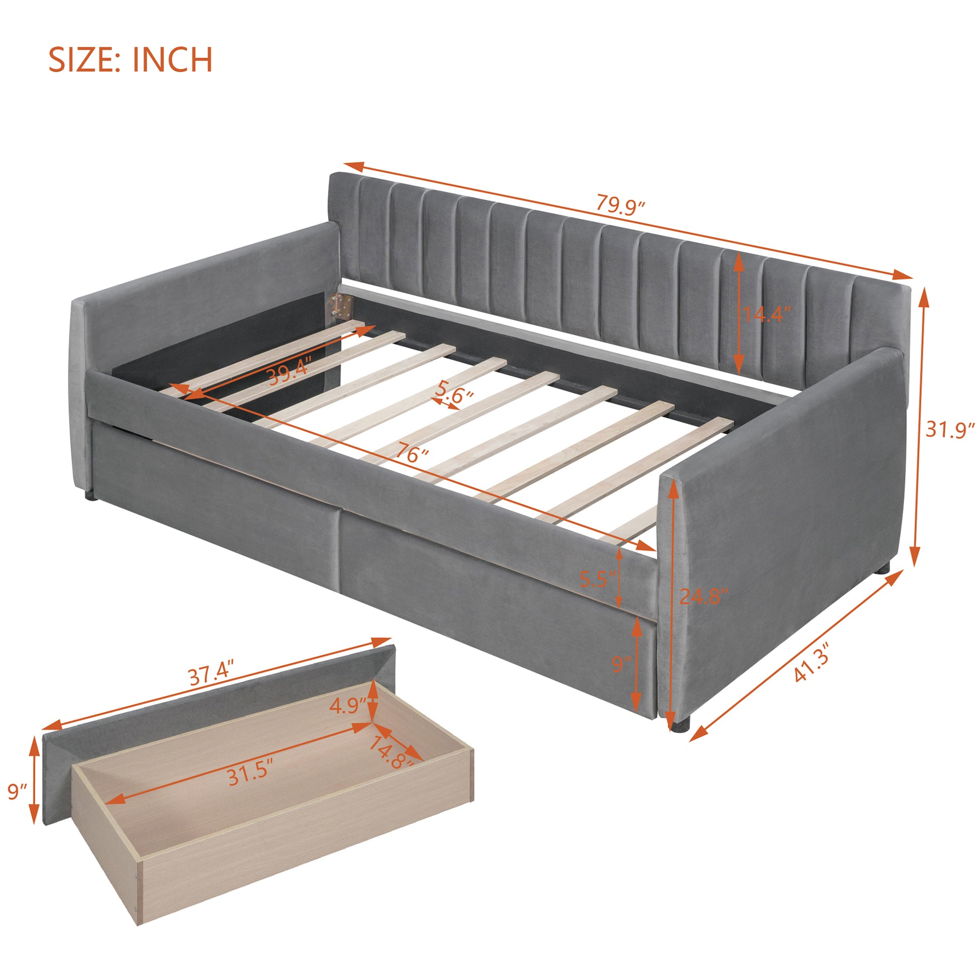 Twin Size Upholstered Daybed With Drawers, Wood Slat Support, Gray Gray Velvet