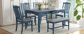 Mid Century 6 Piece Wood Dining Table Set, Kitchen Table Set With Drawer, Upholstered Chairs And Bench, Antique Blue Wood Dining Room Solid Wood Rubberwood Rectangular Dining Table With Chair And Bench Wood Wood Antique Blue Solid Back Seats 6 Mid