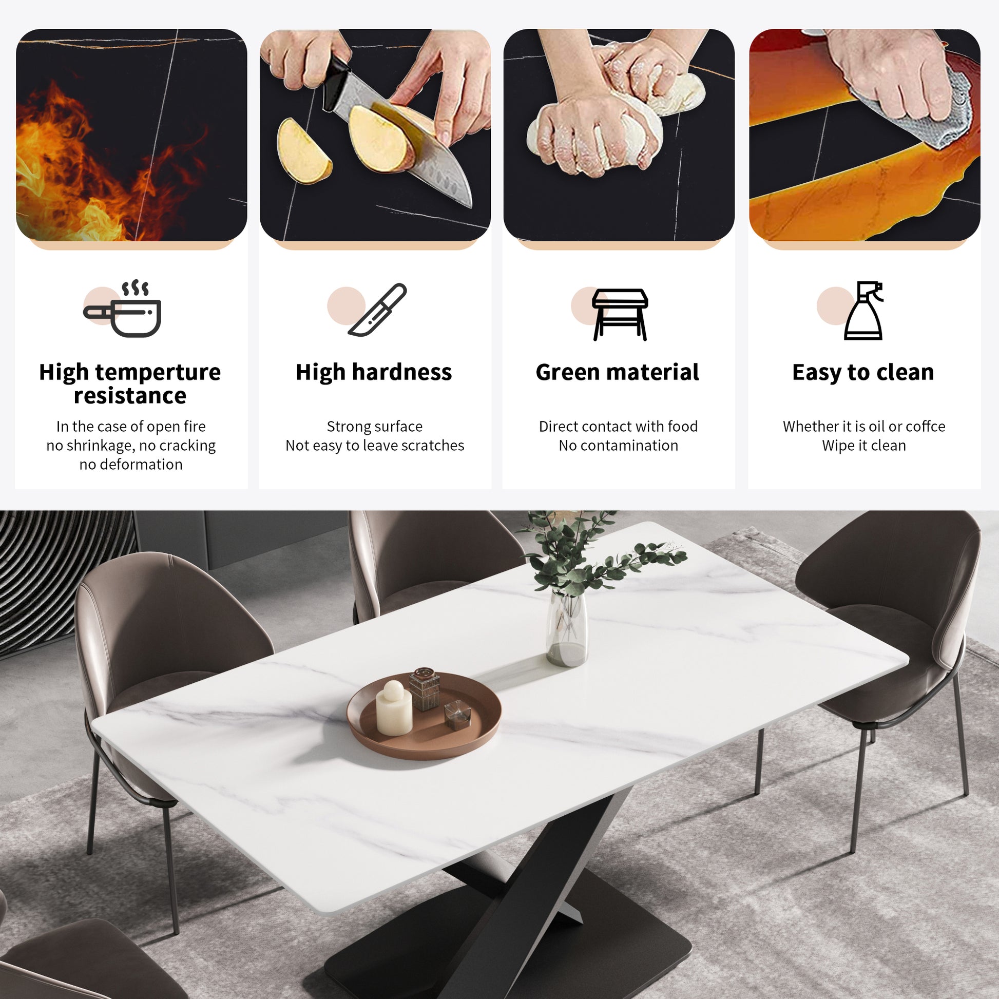 63 Inch Modern Artificial Stone White Straight Edge Black Metal X Leg Dining Table 6 People White Metal Sintered Stone