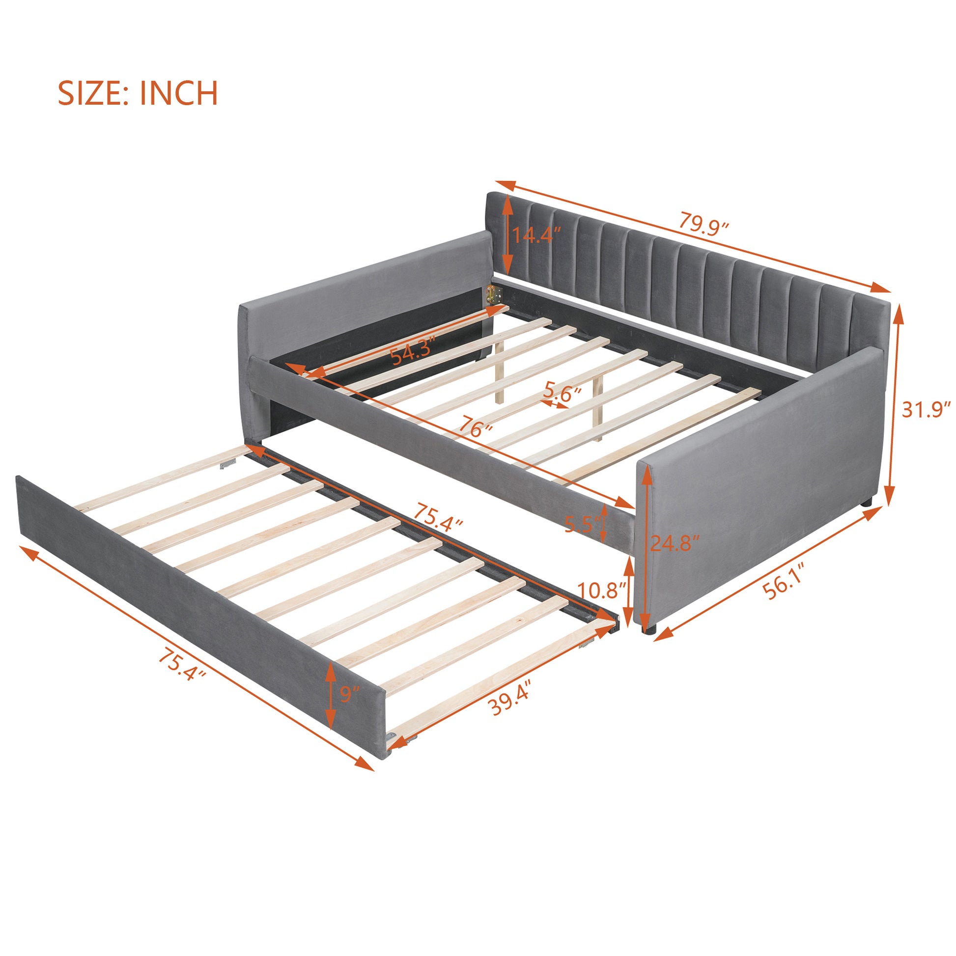 Full Size Upholstered Daybed With Trundle And Wood Slat Support, Gray Gray Velvet