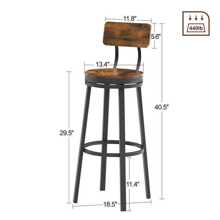 Swivel Bar Stool Set Of 2 With Backrest, Industrial Style, Metal Frame, 29.5'' High For Dining Room. Rustic Brown, 13.4''W X 40.5''H. Wood Rustic Brown Seats 2 Brown Dining Room American Design,Industrial Particle Board Particle Board