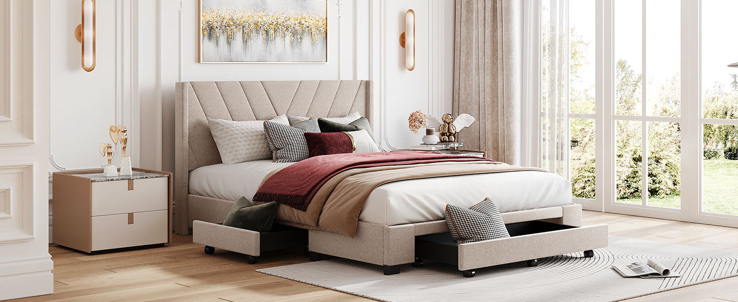 Queen Size Storage Bed Linen Upholstered Platform Bed With 3 Drawers Beige Beige Upholstered