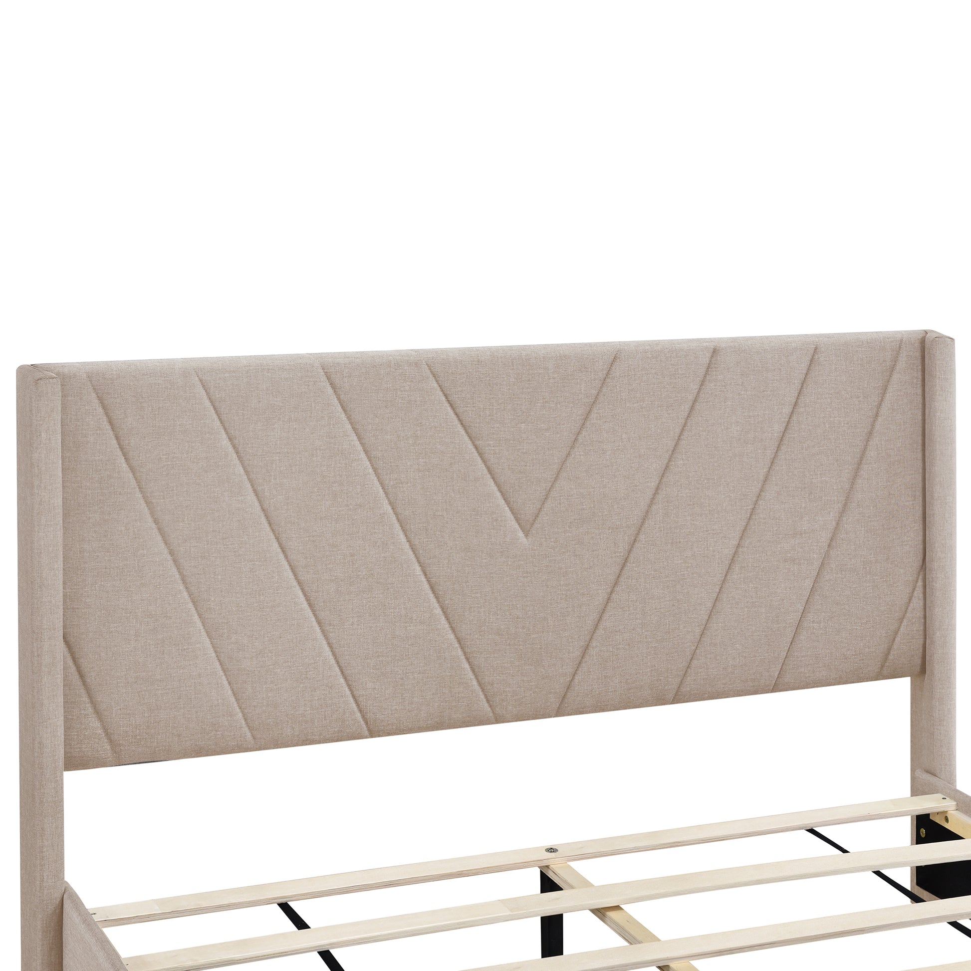 Queen Size Storage Bed Linen Upholstered Platform Bed With 3 Drawers Beige Beige Upholstered