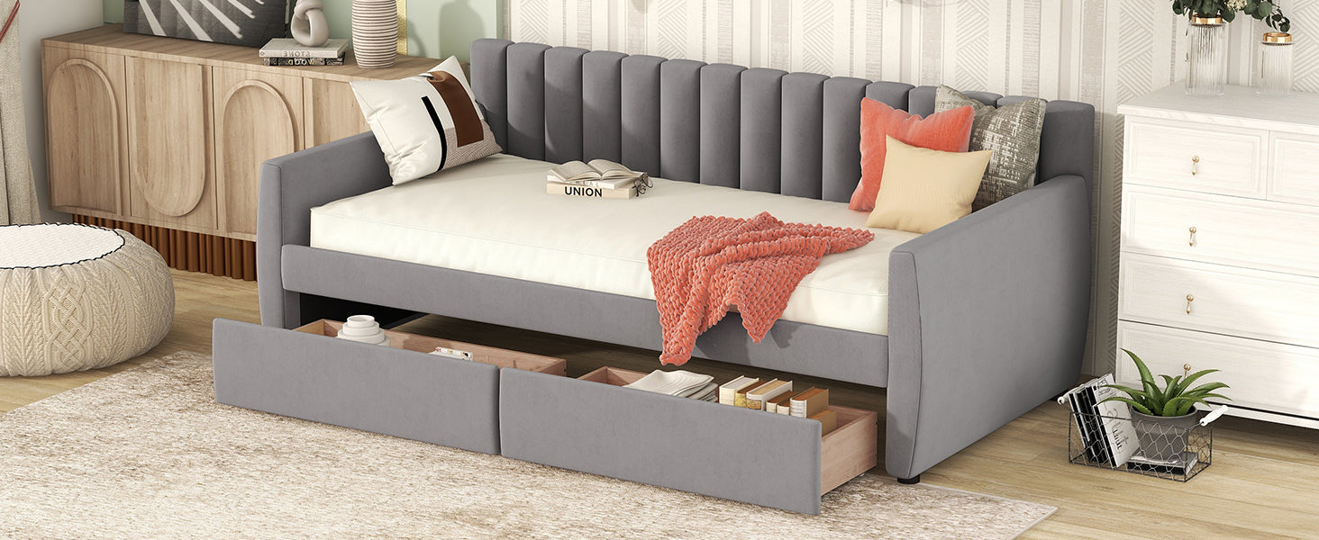 Twin Size Upholstered Daybed With Drawers, Wood Slat Support, Gray Gray Velvet